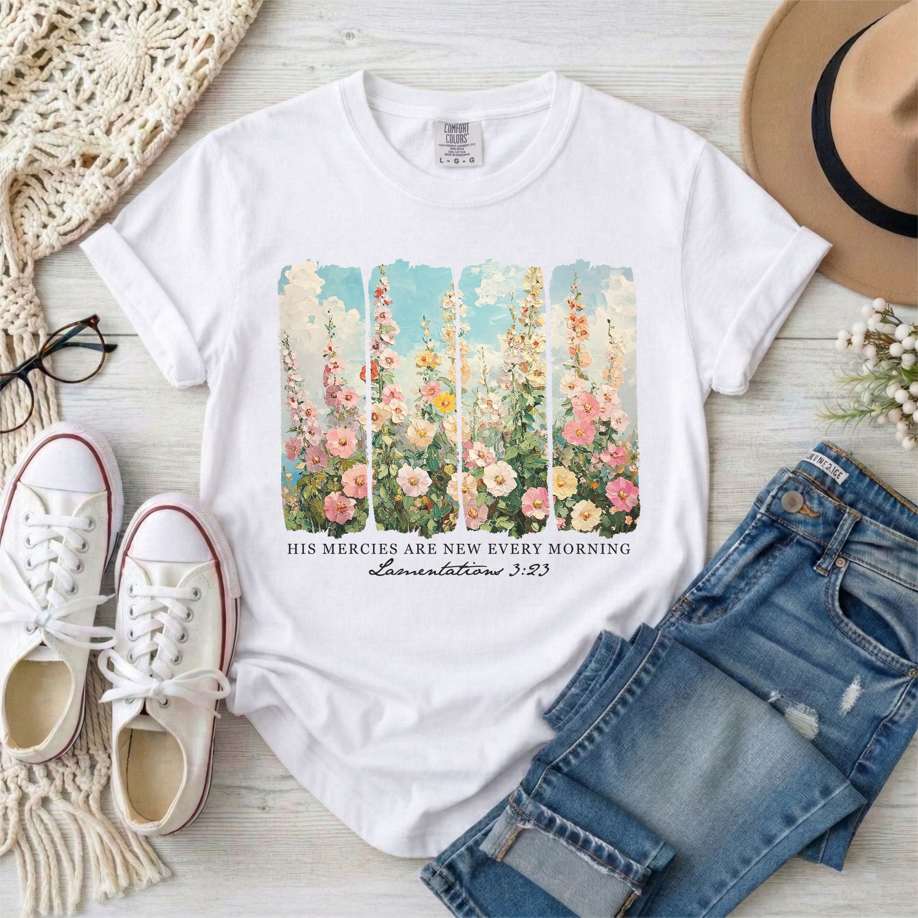 His Mercies Are New Every Morning Lamentations 3:23 | Brushstrokes Floral T-Shirt