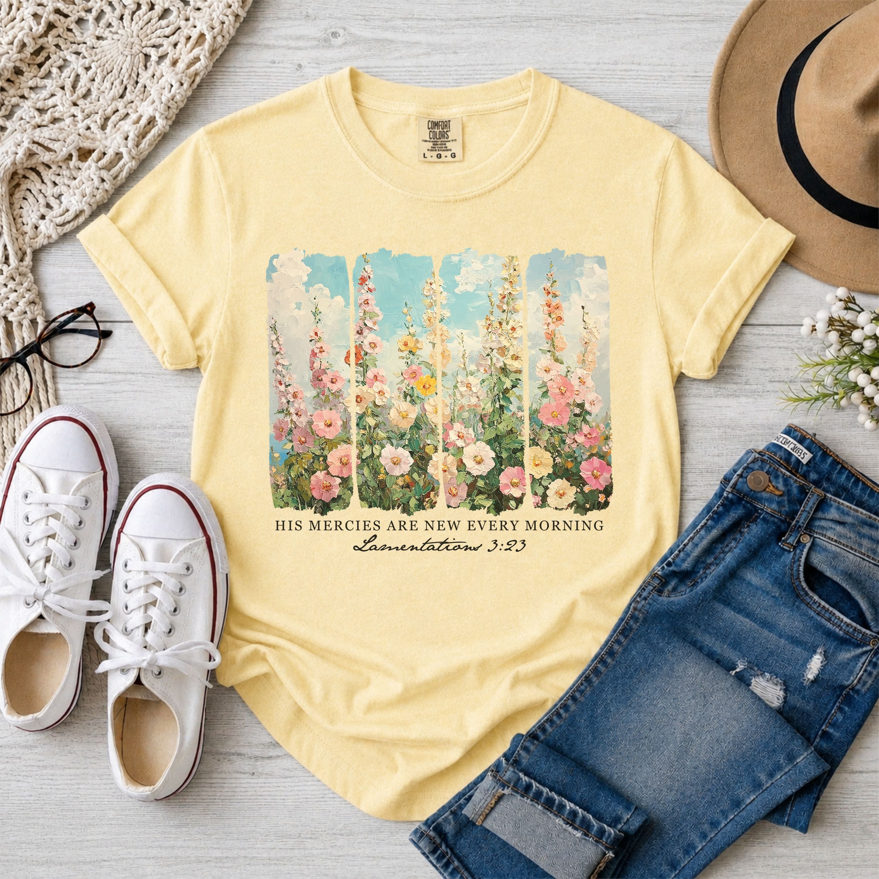 His Mercies Are New Every Morning Lamentations 3:23 | Brushstrokes Floral T-Shirt