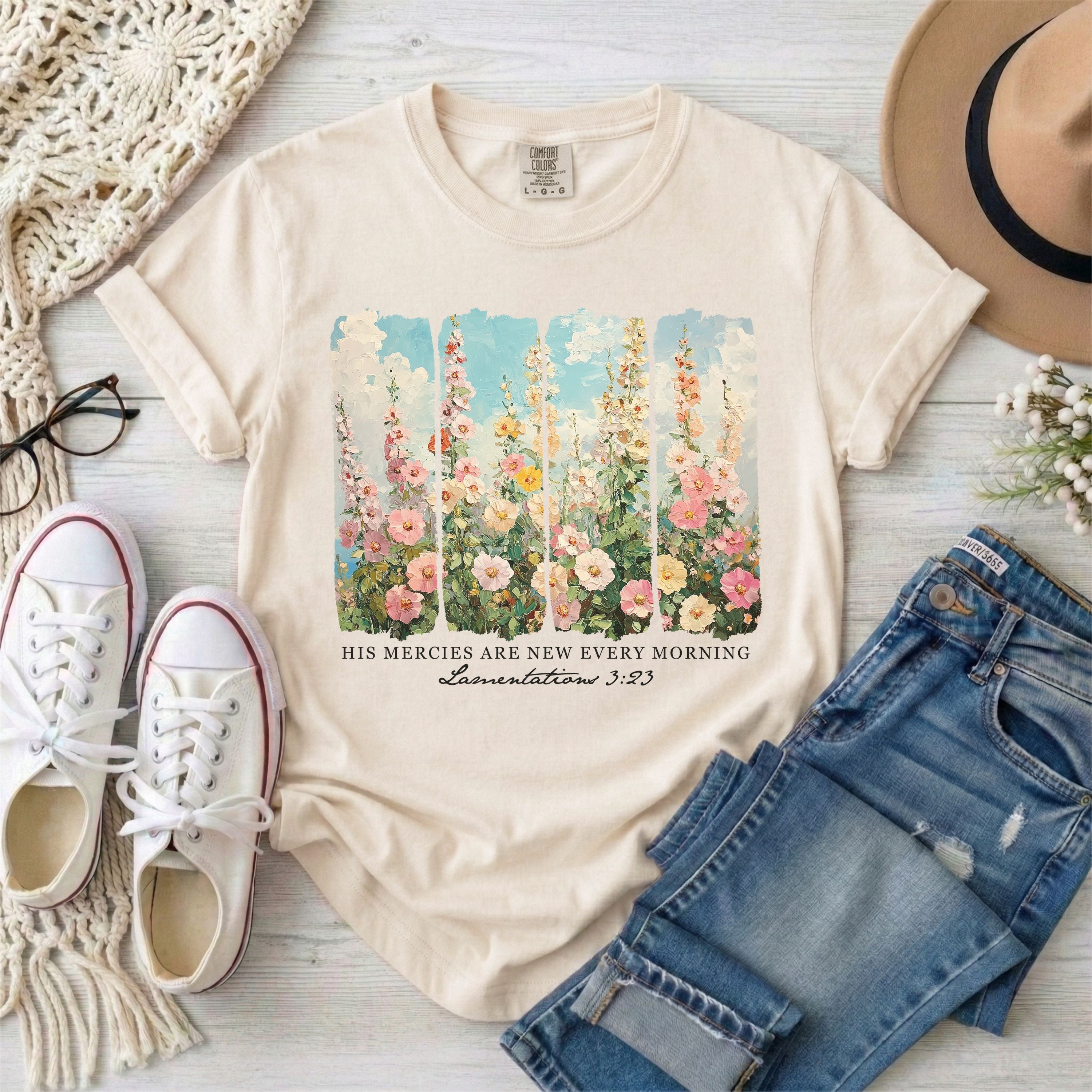 His Mercies Are New Every Morning Lamentations 3:23 | Brushstrokes Floral T-Shirt