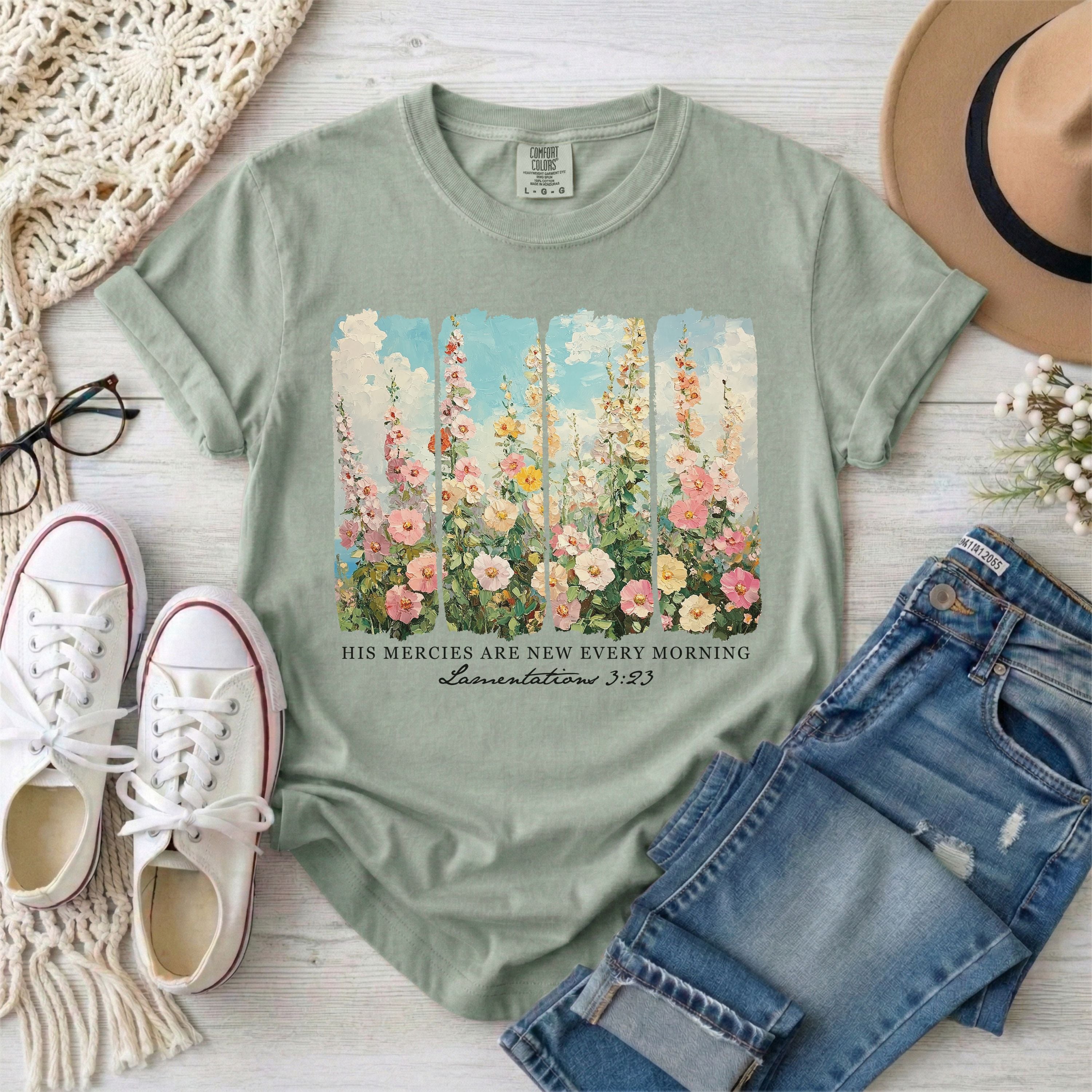 His Mercies Are New Every Morning Lamentations 3:23 | Brushstrokes Floral T-Shirt