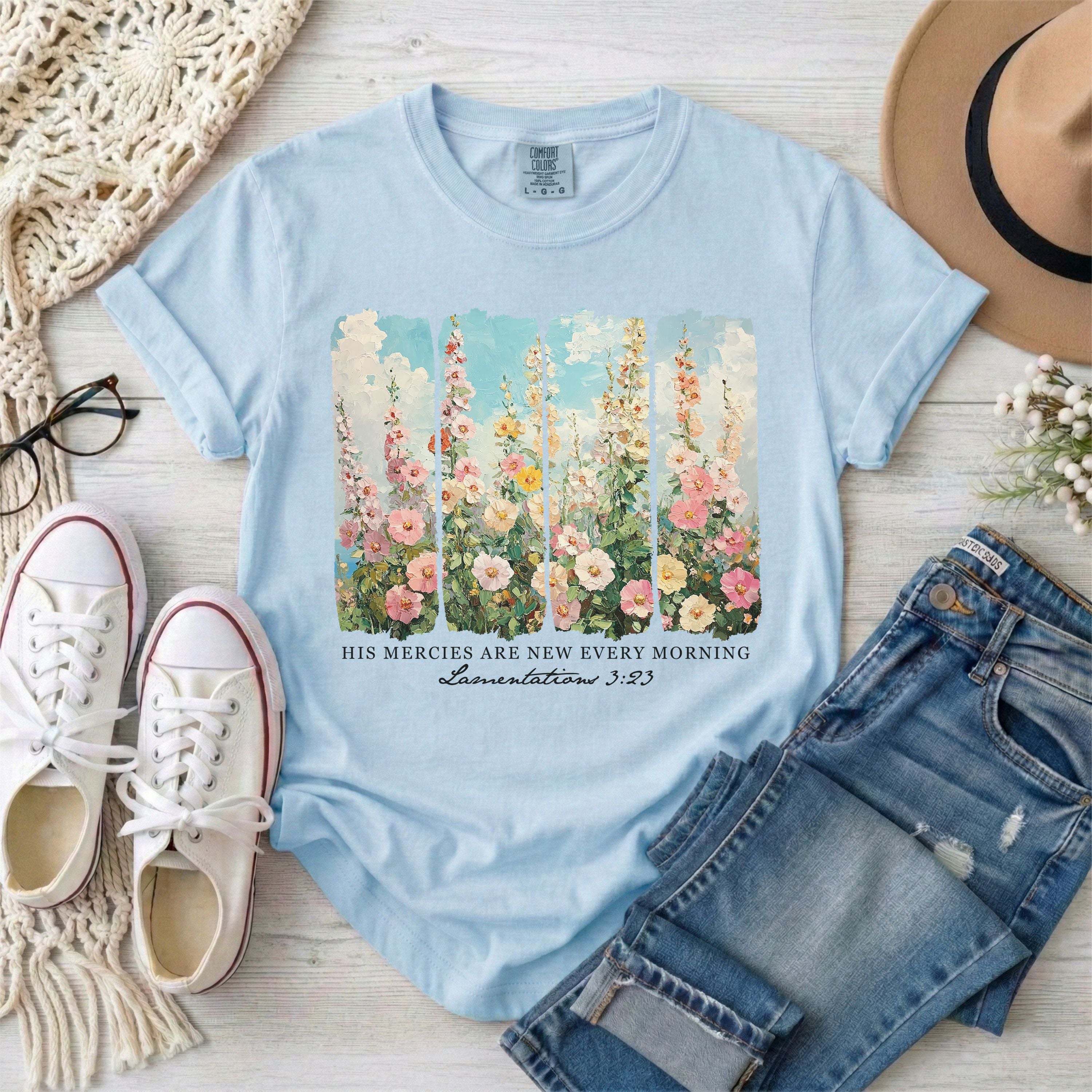His Mercies Are New Every Morning Lamentations 3:23 | Brushstrokes Floral T-Shirt