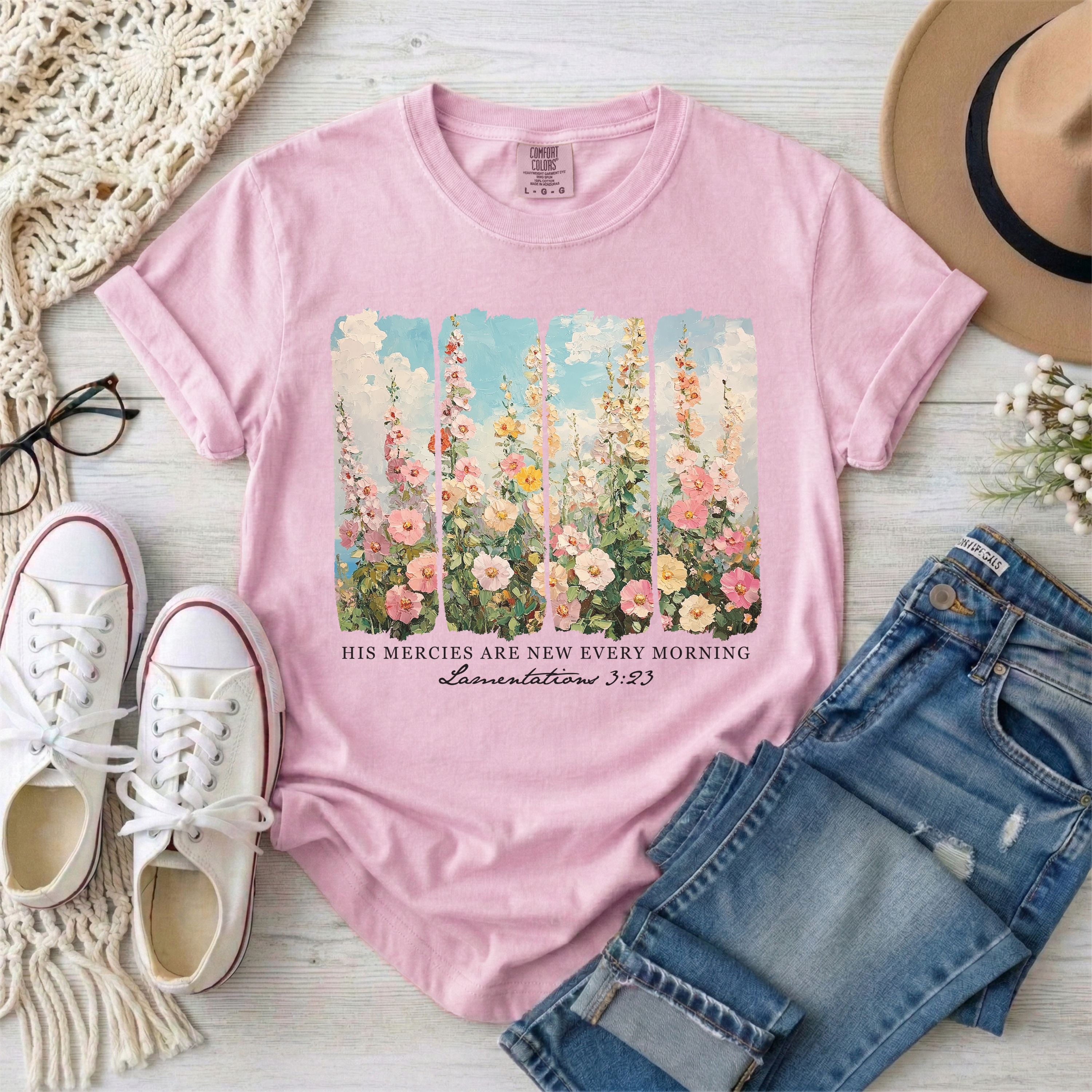 His Mercies Are New Every Morning Lamentations 3:23 | Brushstrokes Floral T-Shirt