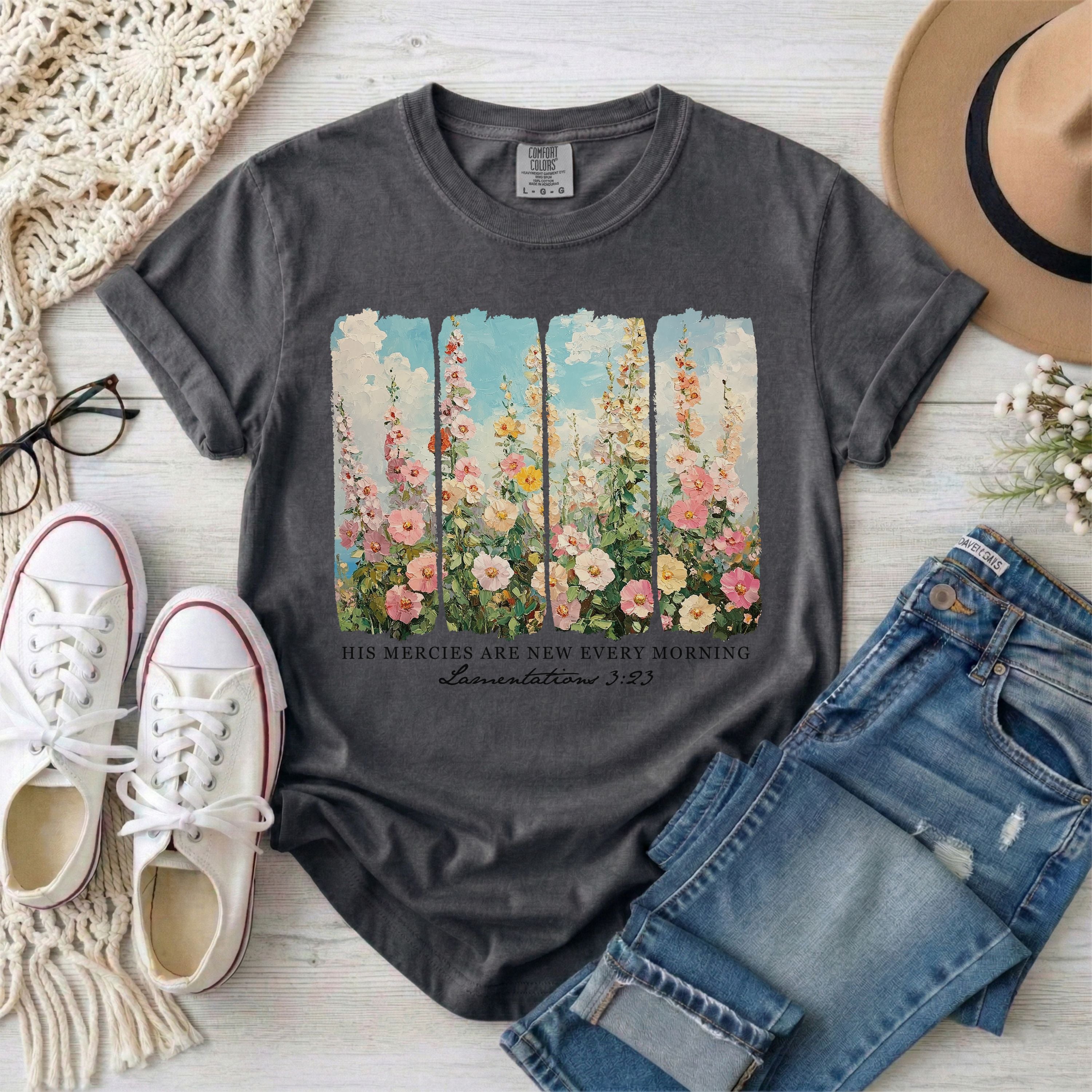 His Mercies Are New Every Morning Lamentations 3:23 | Brushstrokes Floral T-Shirt