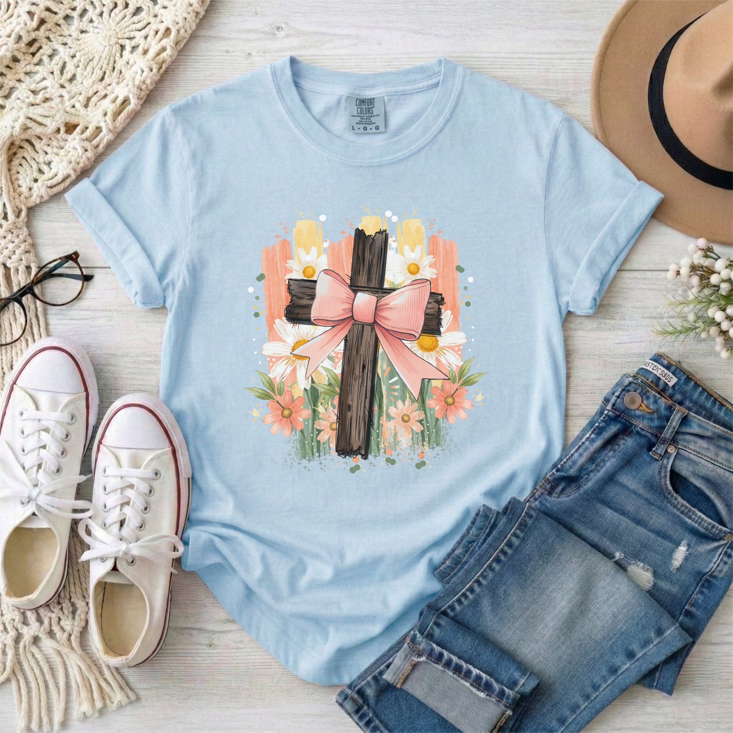 Floral Cross with Bow T-Shirt