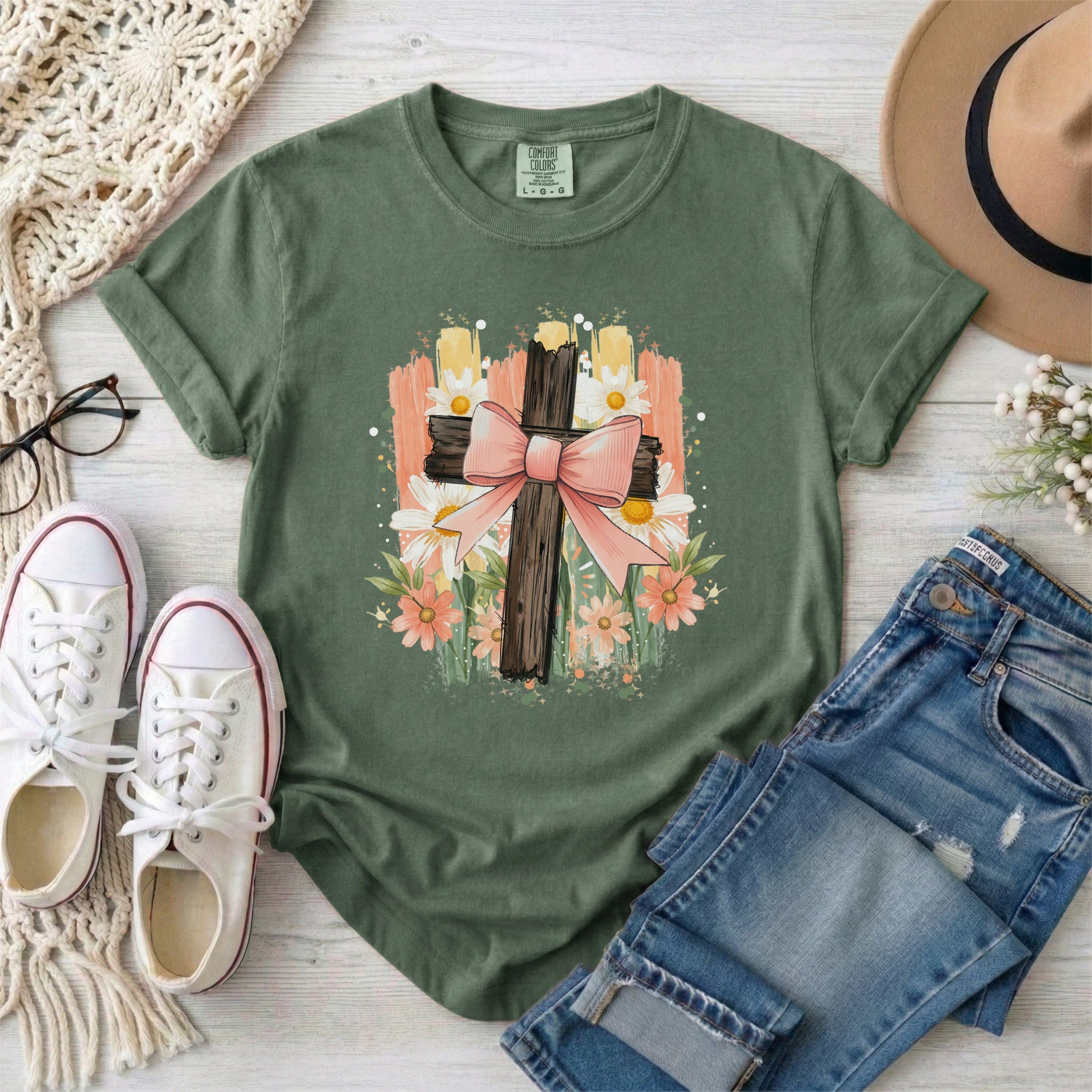 Floral Cross with Bow T-Shirt