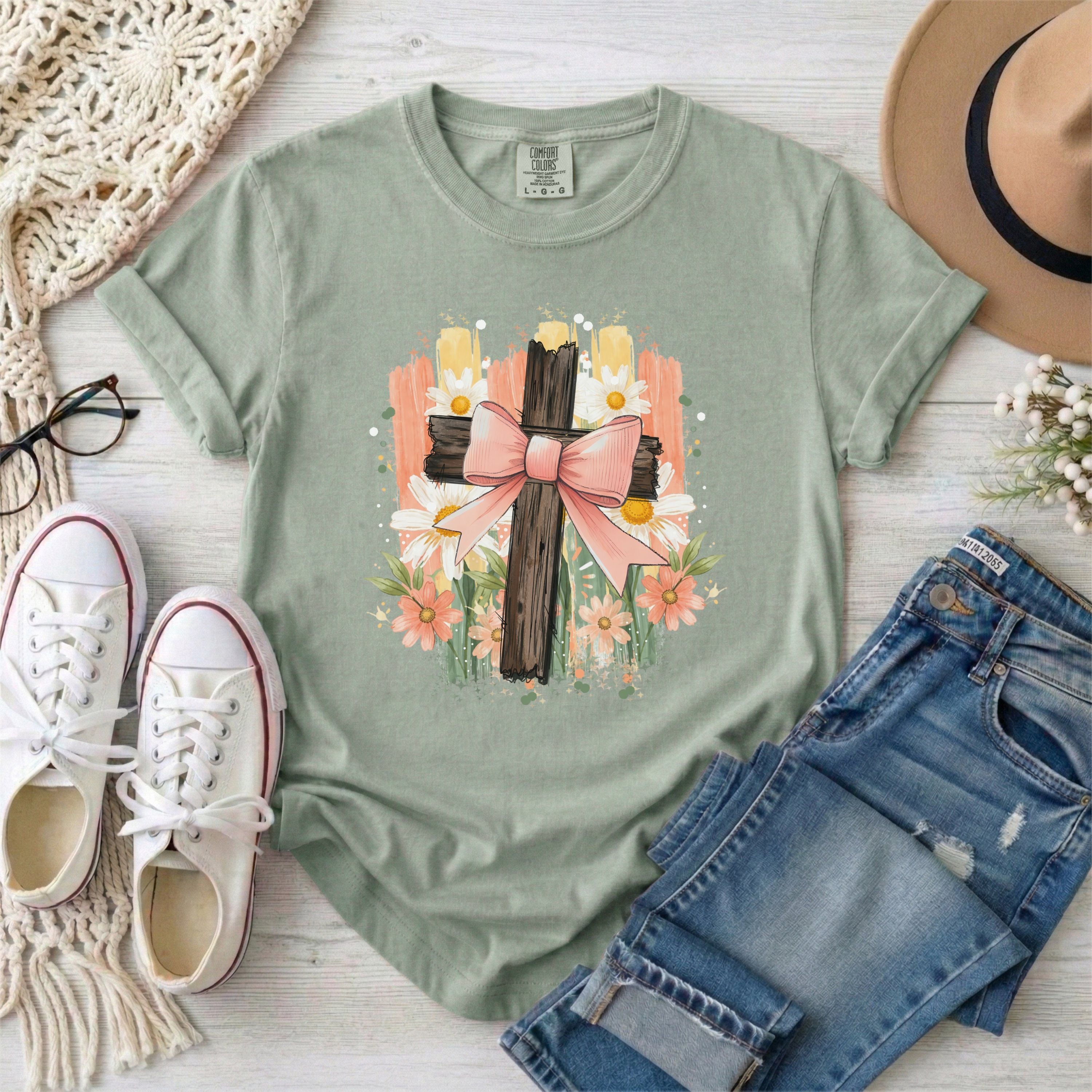 Floral Cross with Bow T-Shirt