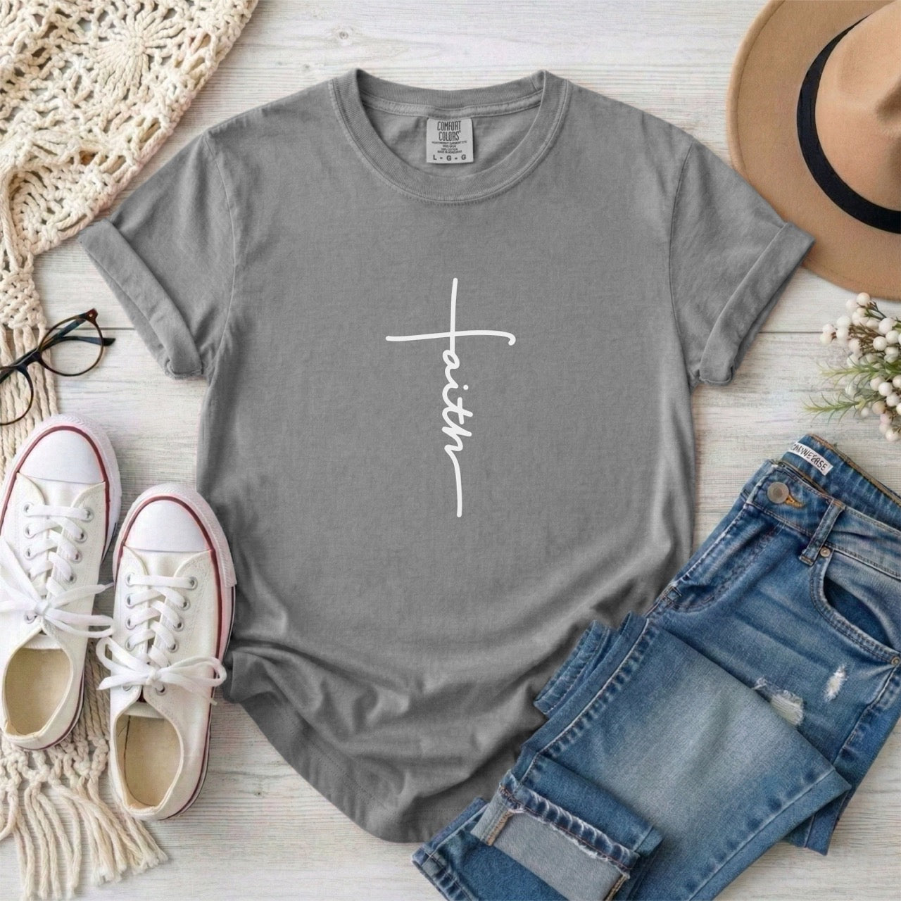 Minimalist Script Faith Cross T-Shirt
