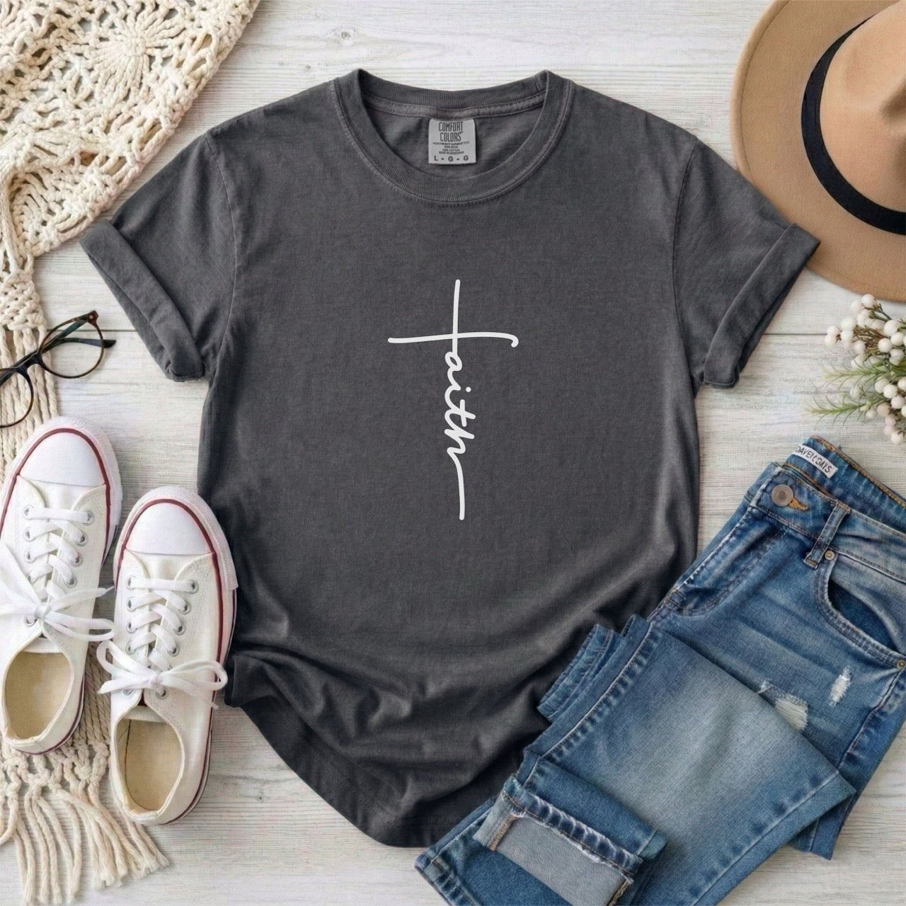 Minimalist Script Faith Cross T-Shirt