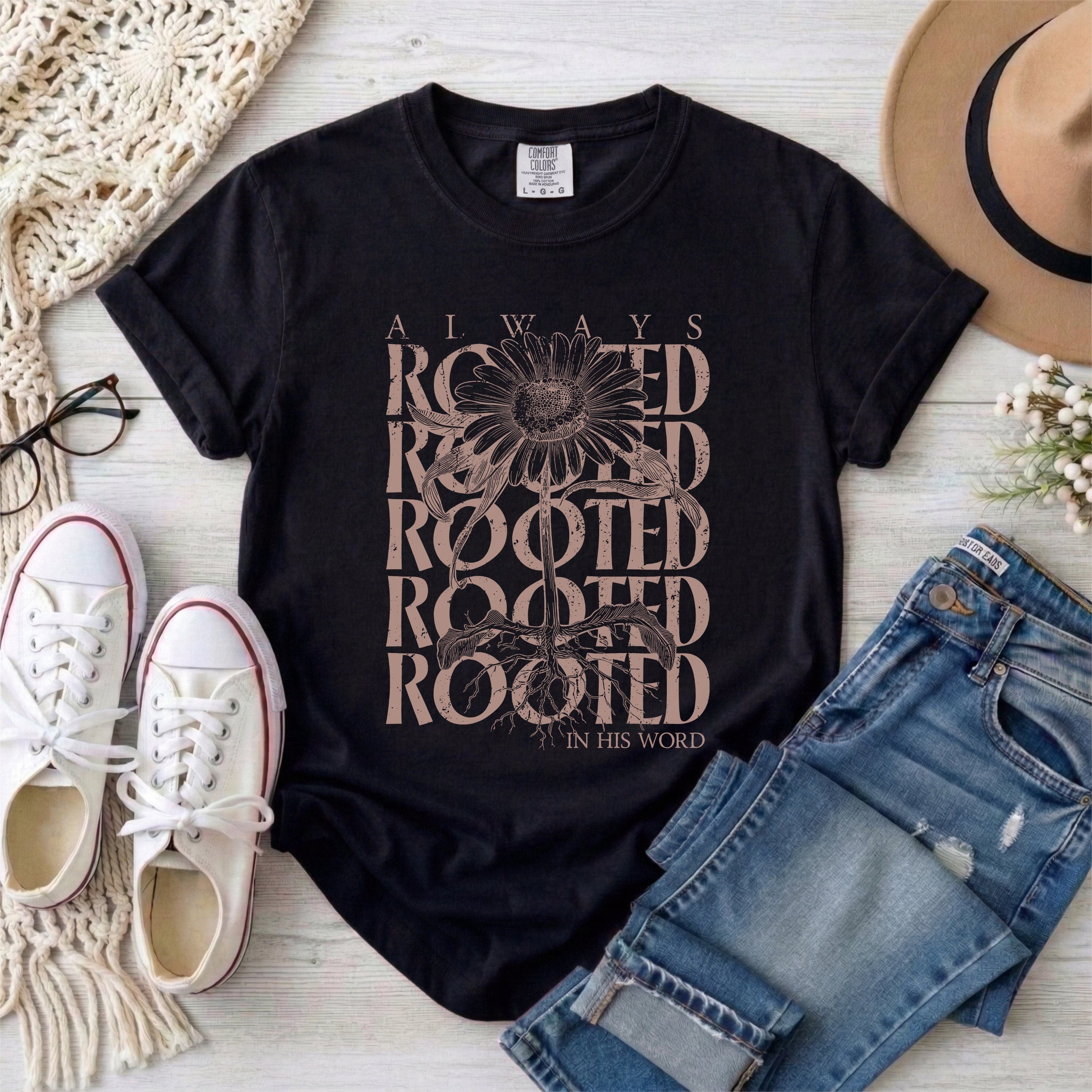 Always Rooted in His Word T-shirt • Dusty Pink Design