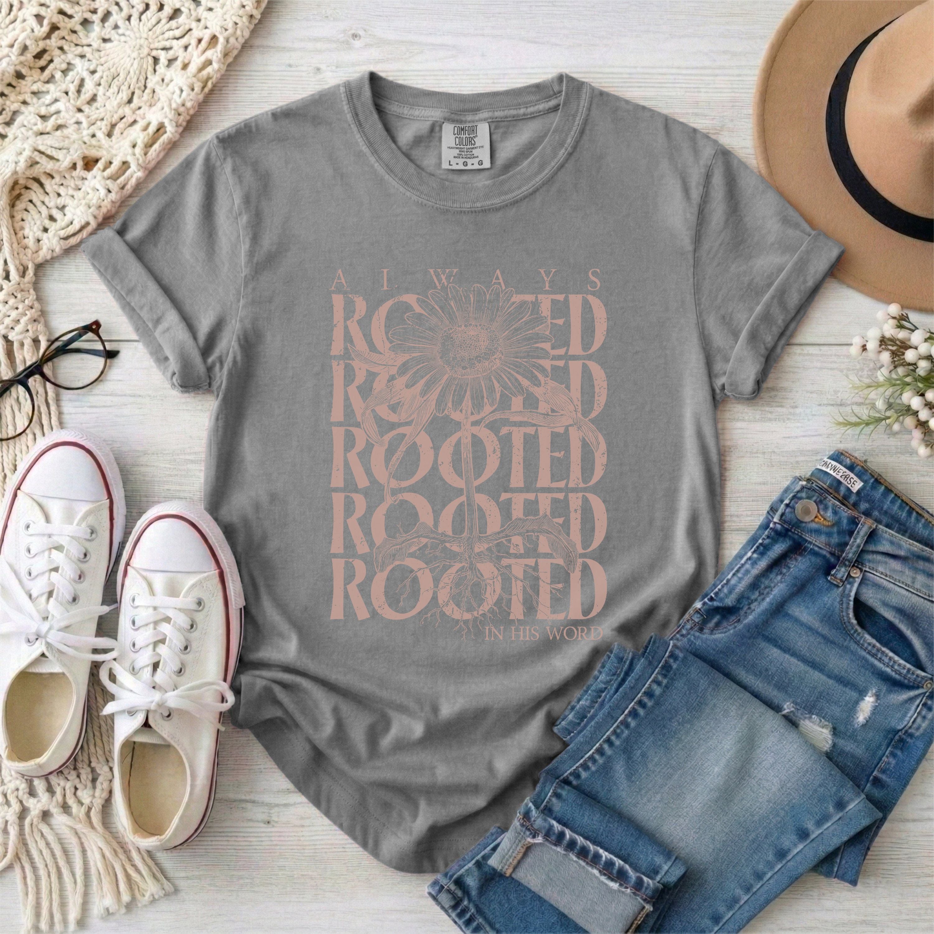 Always Rooted in His Word T-shirt • Dusty Pink Design