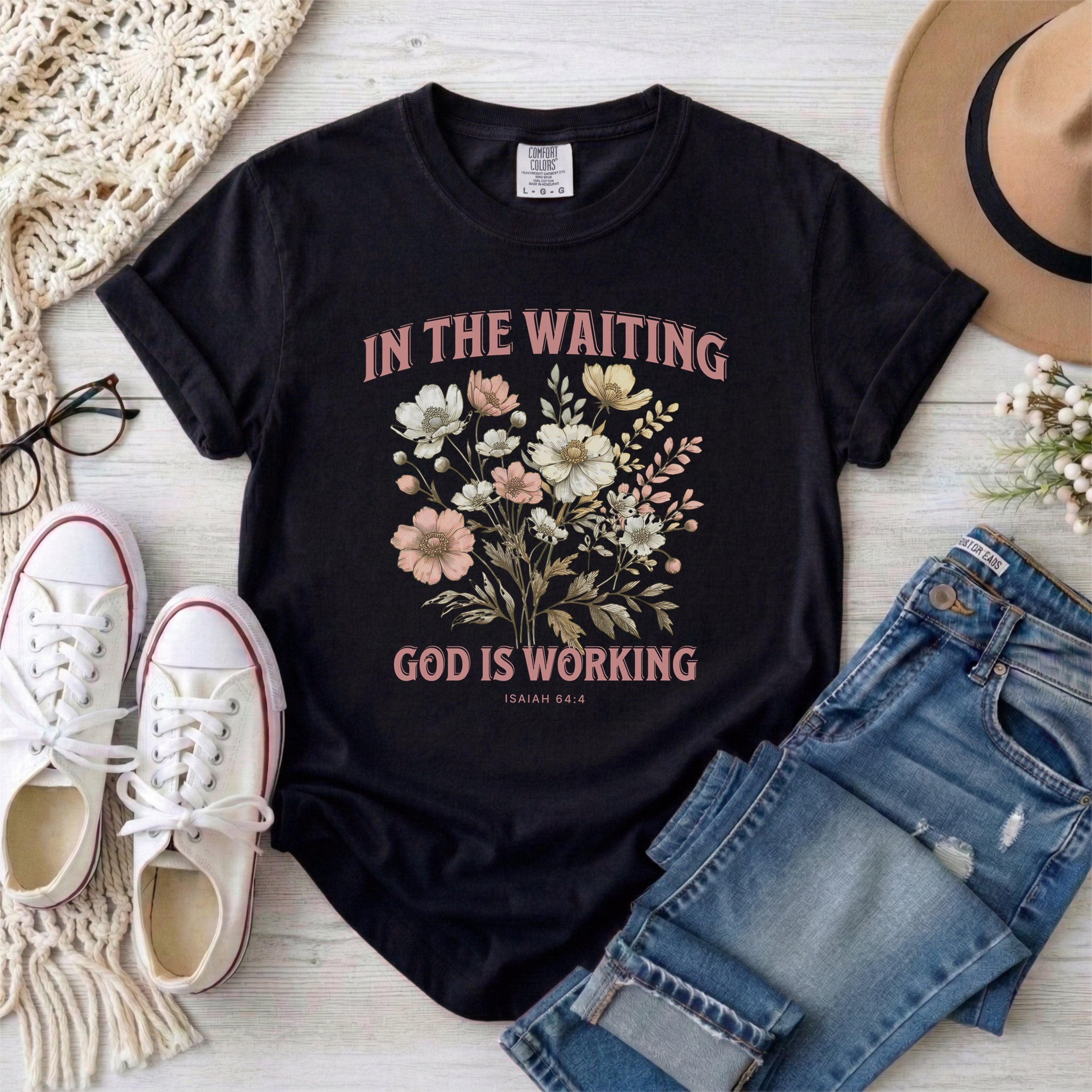 In the Waiting God Is Working Floral T-Shirt With Pink Typography