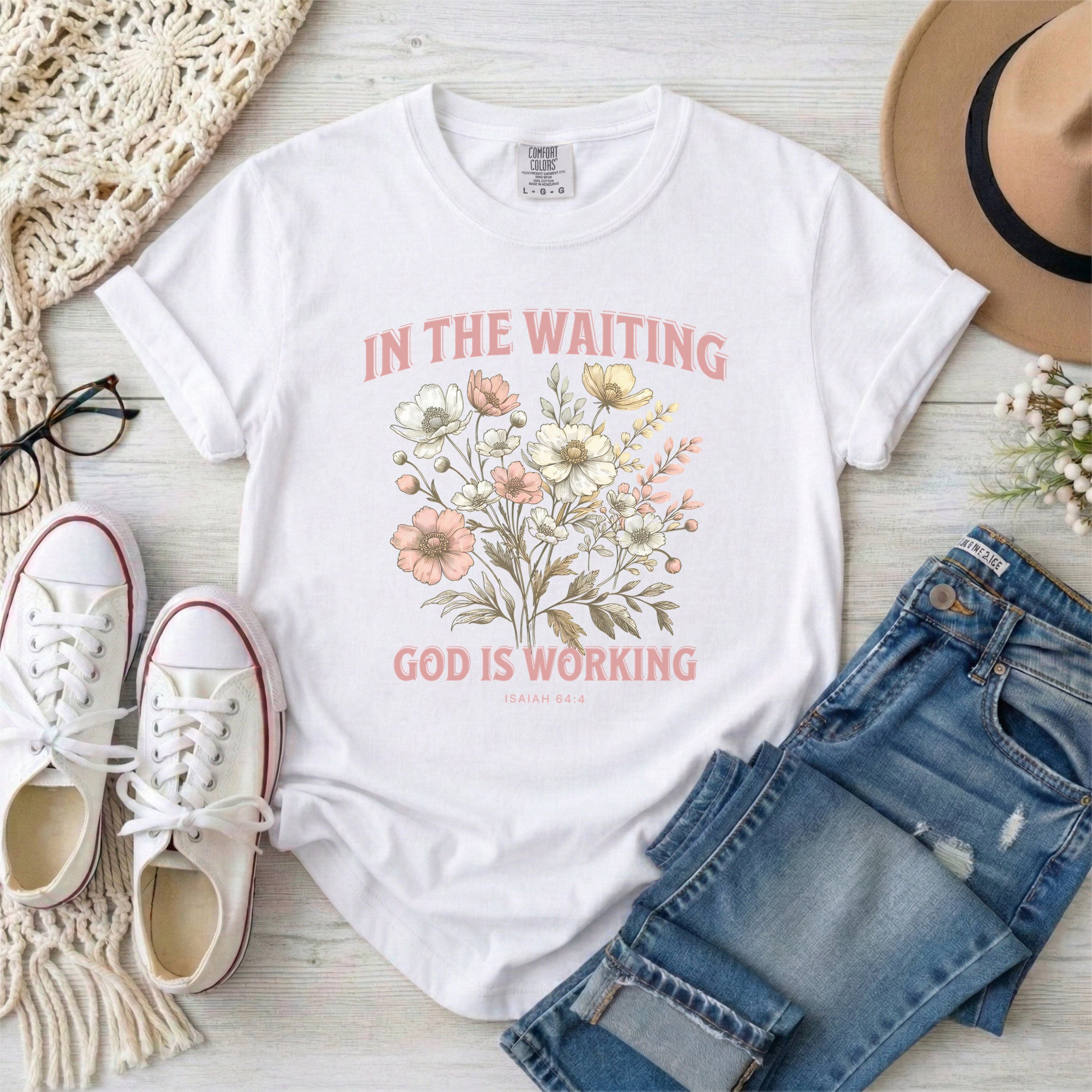 In the Waiting God Is Working Floral T-Shirt With Pink Typography