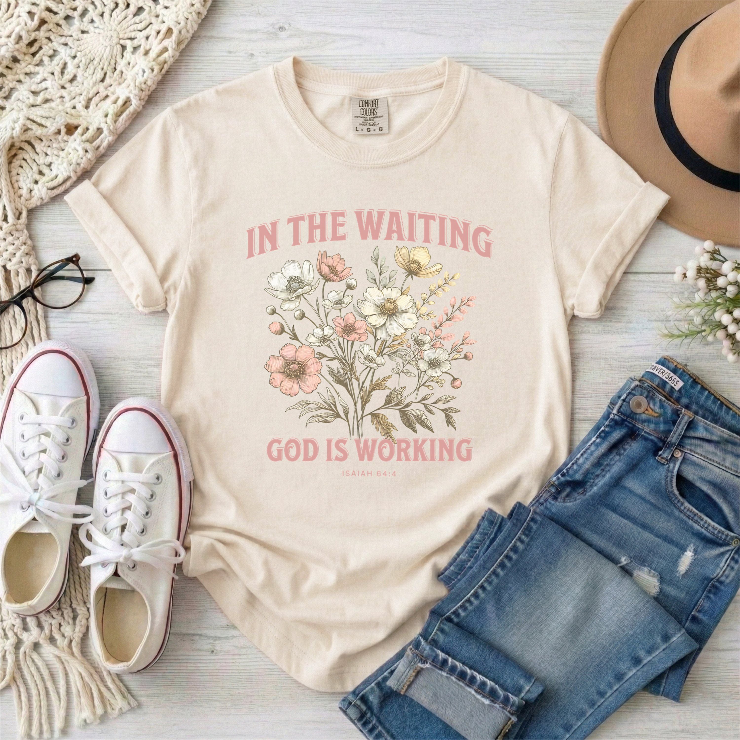 In the Waiting God Is Working Floral T-Shirt With Pink Typography