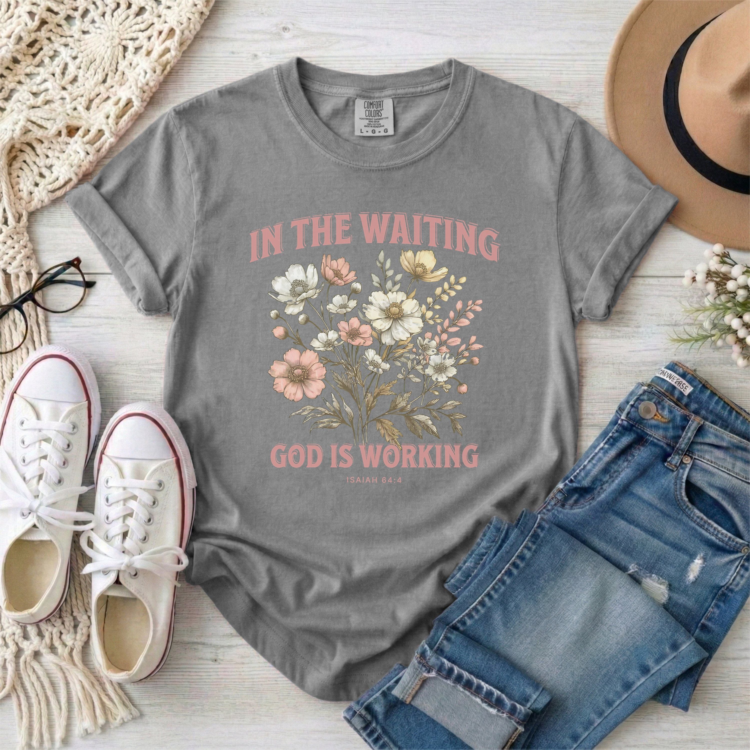 In the Waiting God Is Working Floral T-Shirt With Pink Typography