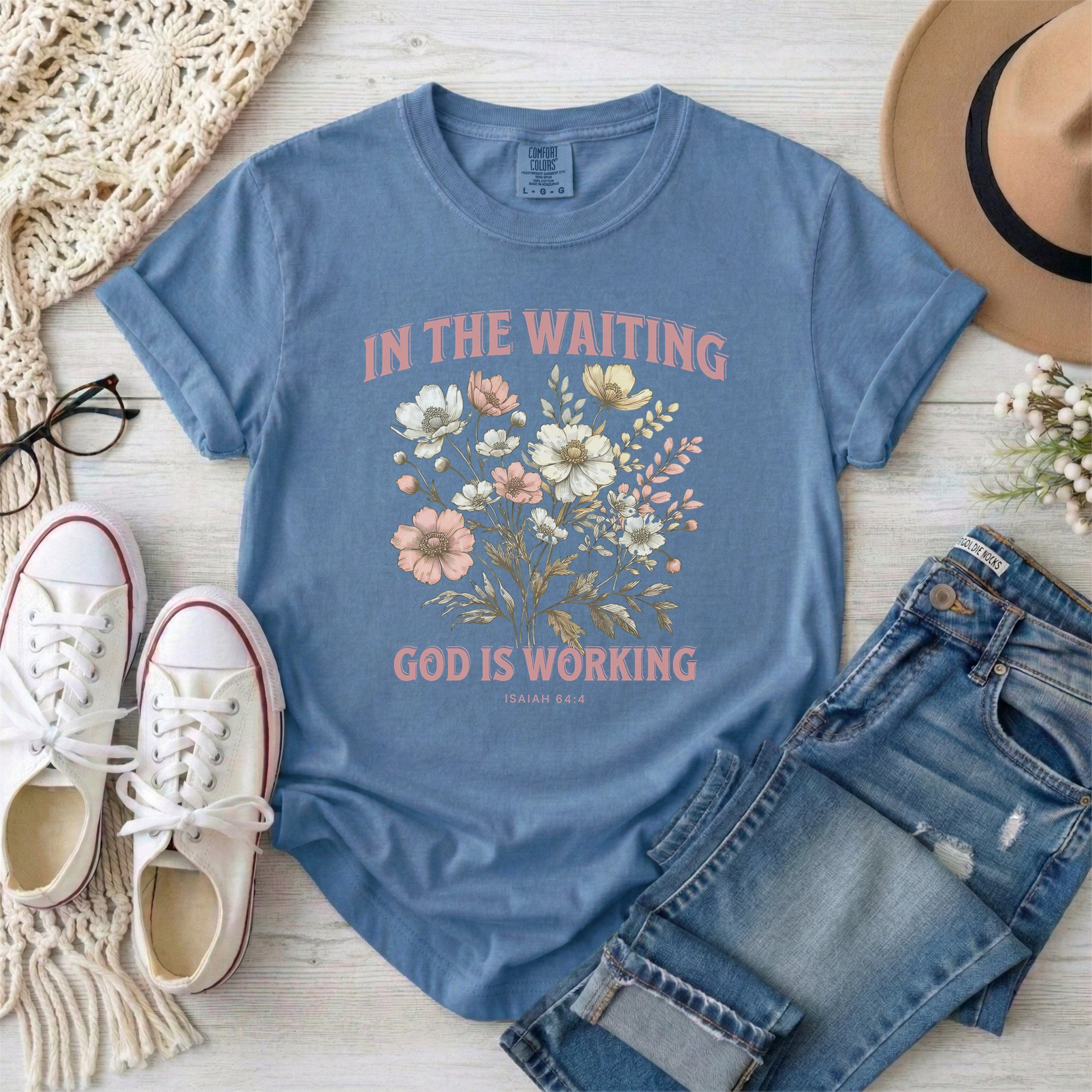 In the Waiting God Is Working Floral T-Shirt With Pink Typography