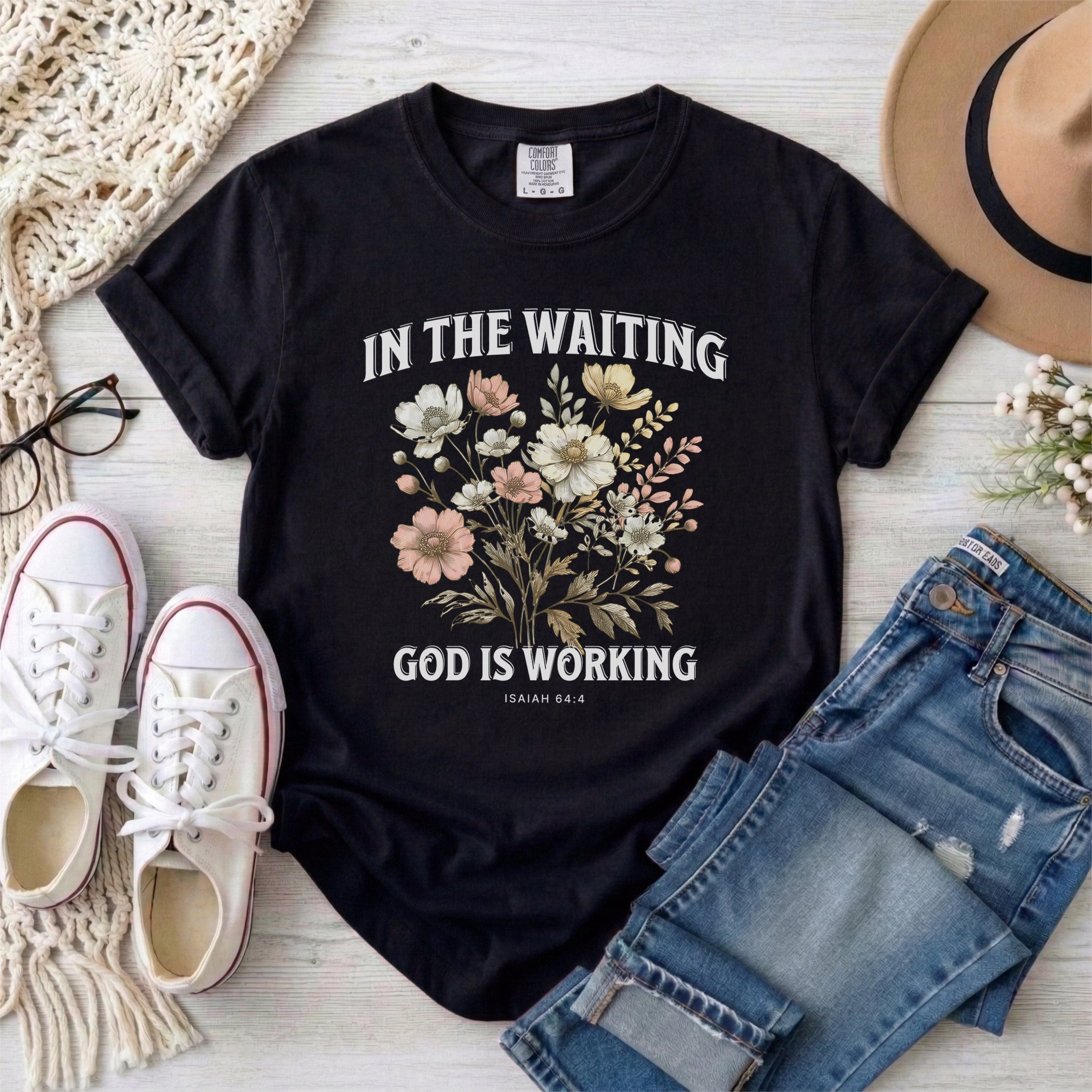 In the Waiting God Is Working Floral T-Shirt With White Typography