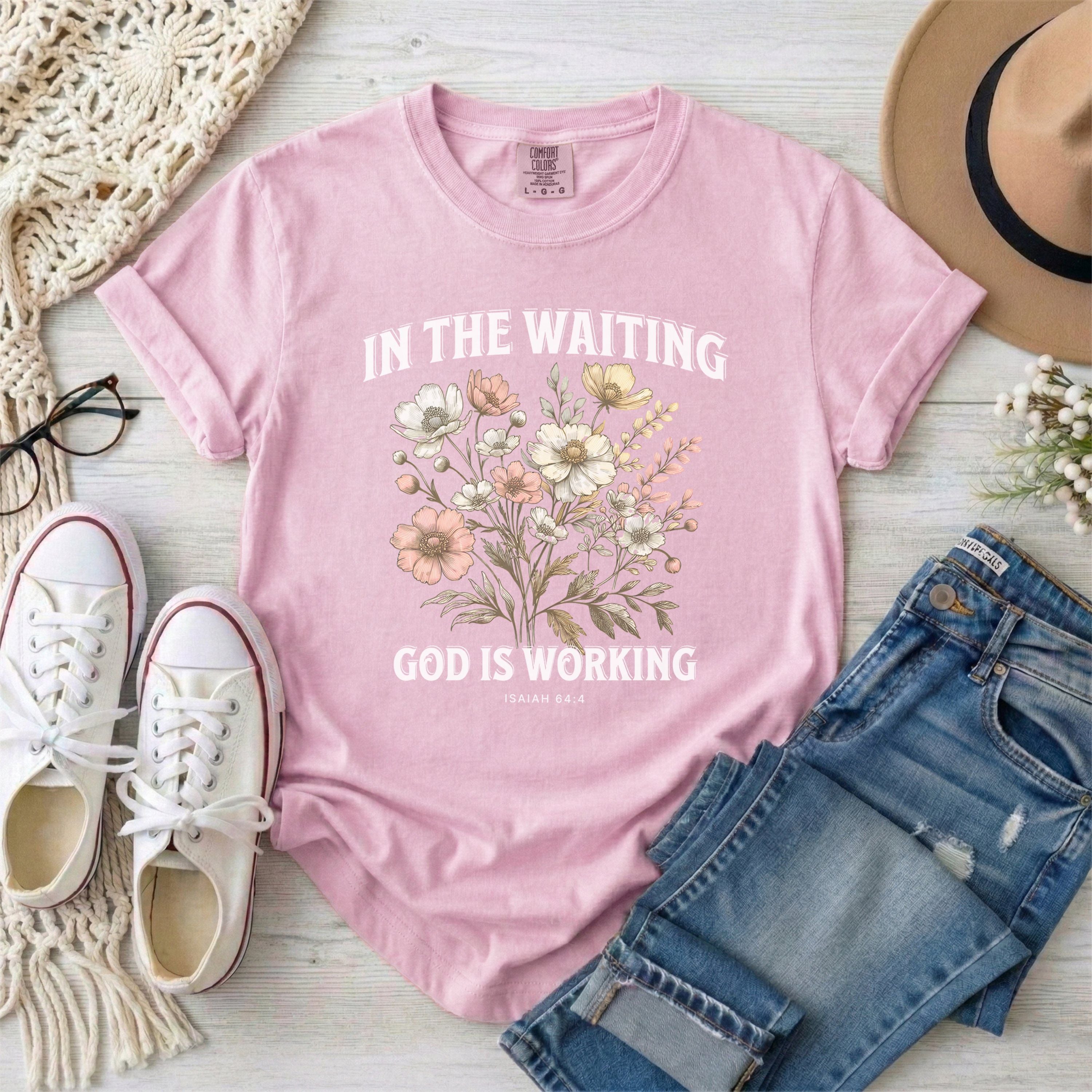 In the Waiting God Is Working Floral T-Shirt With White Typography