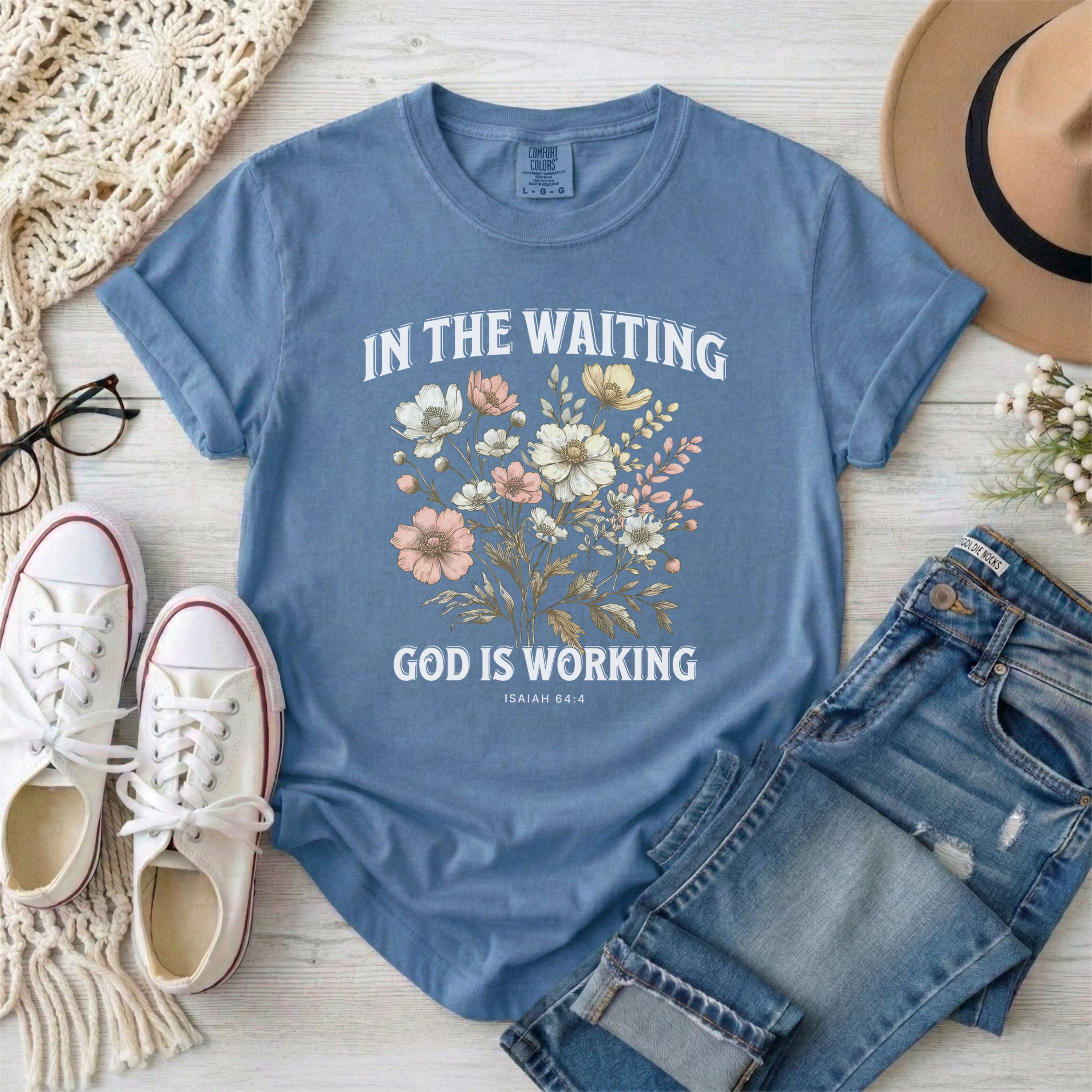 In the Waiting God Is Working Floral T-Shirt With White Typography
