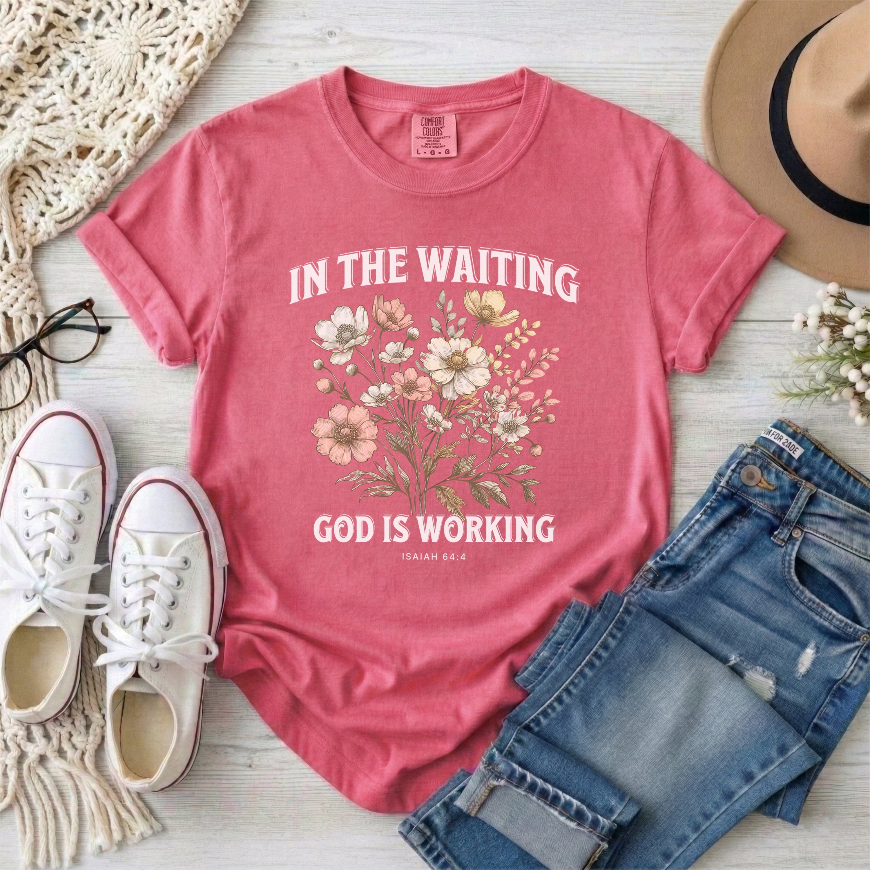 In the Waiting God Is Working Floral T-Shirt With White Typography