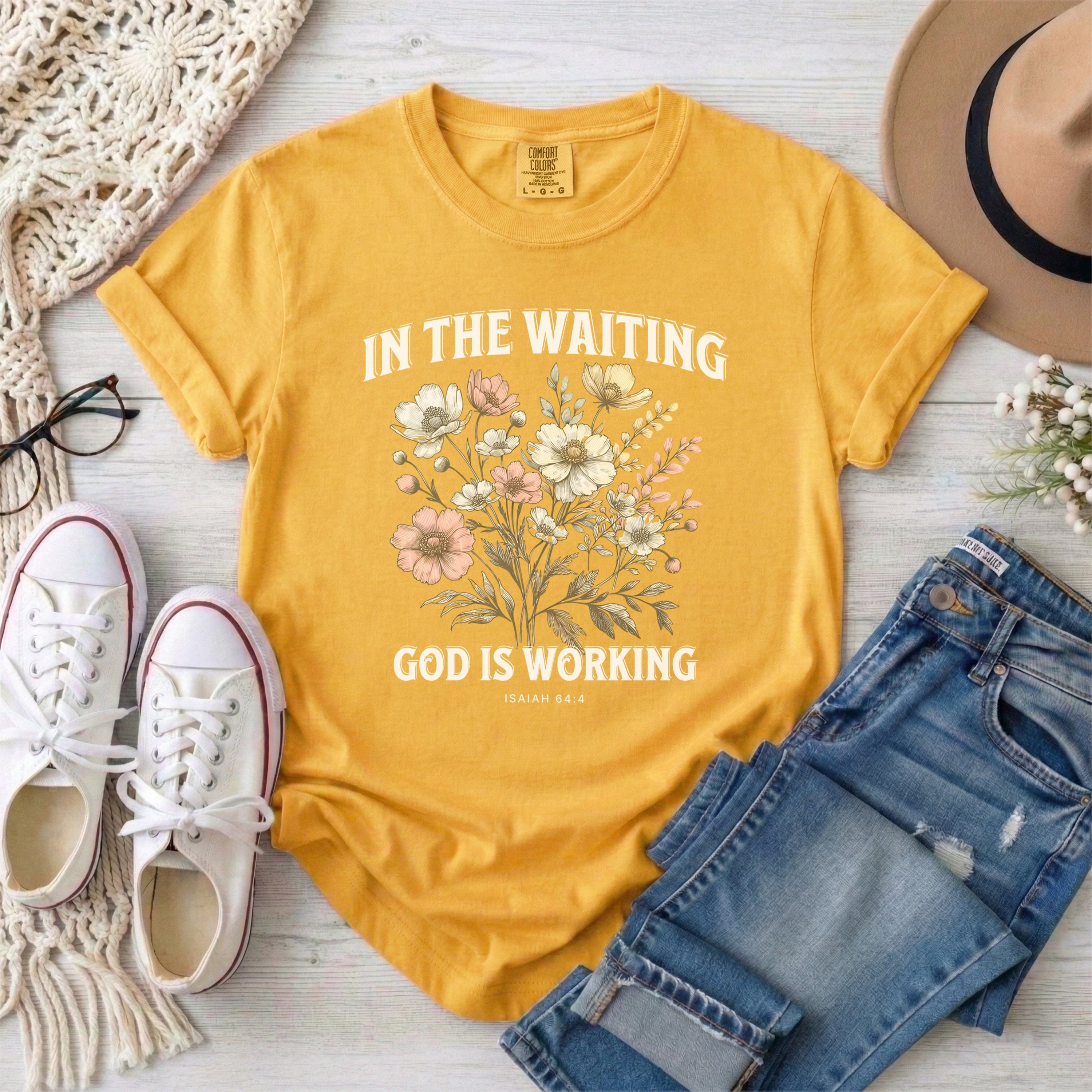 In the Waiting God Is Working Floral T-Shirt With White Typography