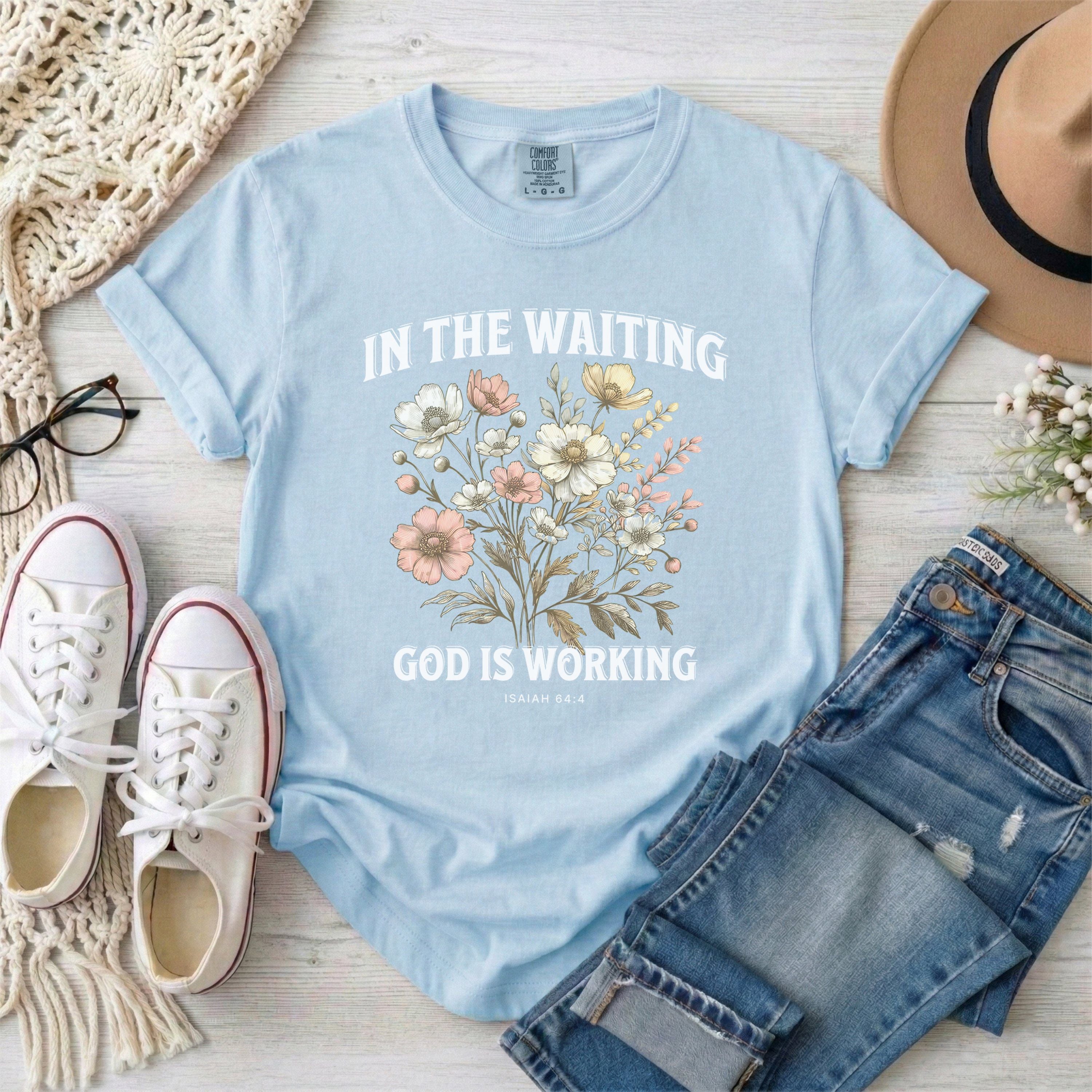 In the Waiting God Is Working Floral T-Shirt With White Typography