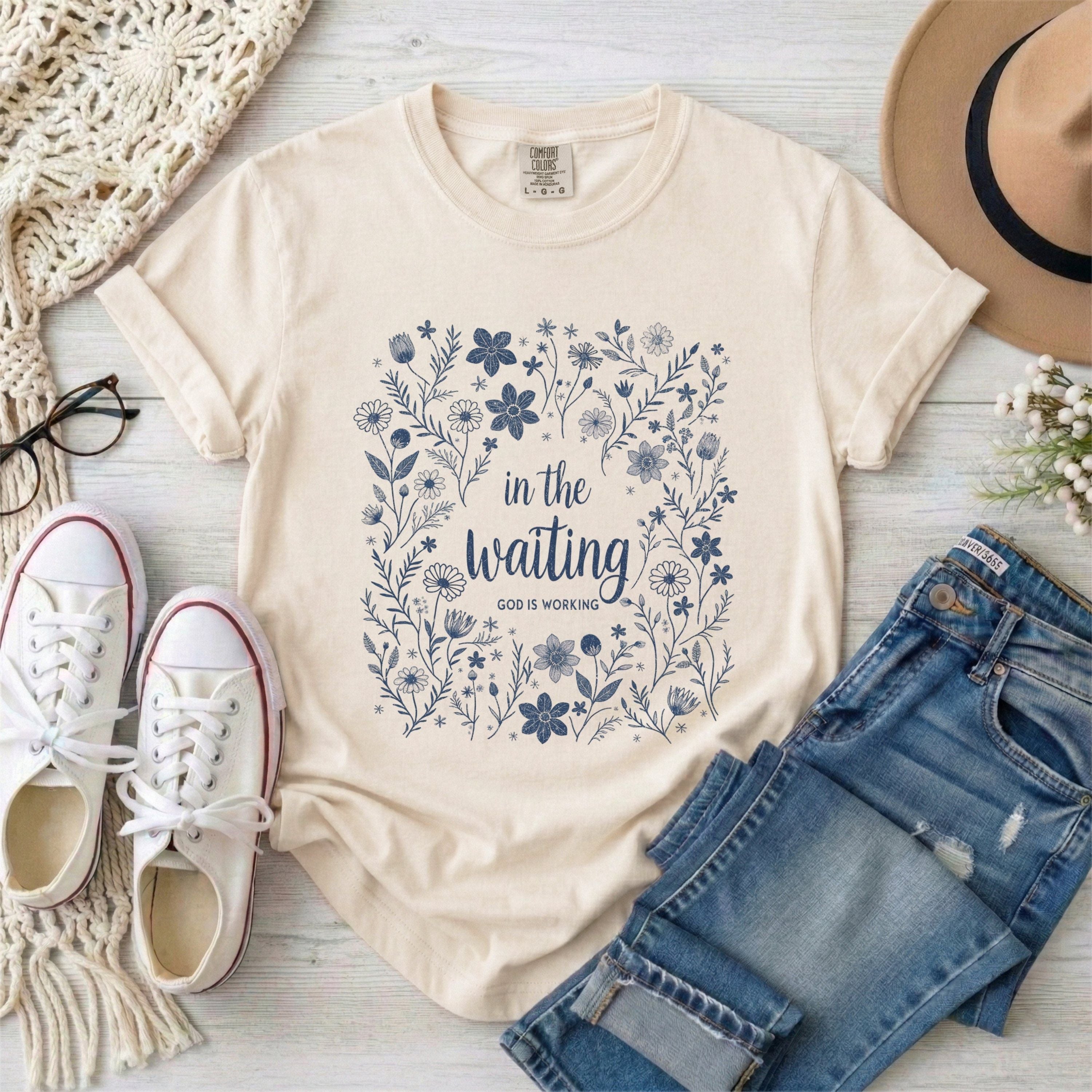 In the Waiting God is Working  Floral T-Shirt