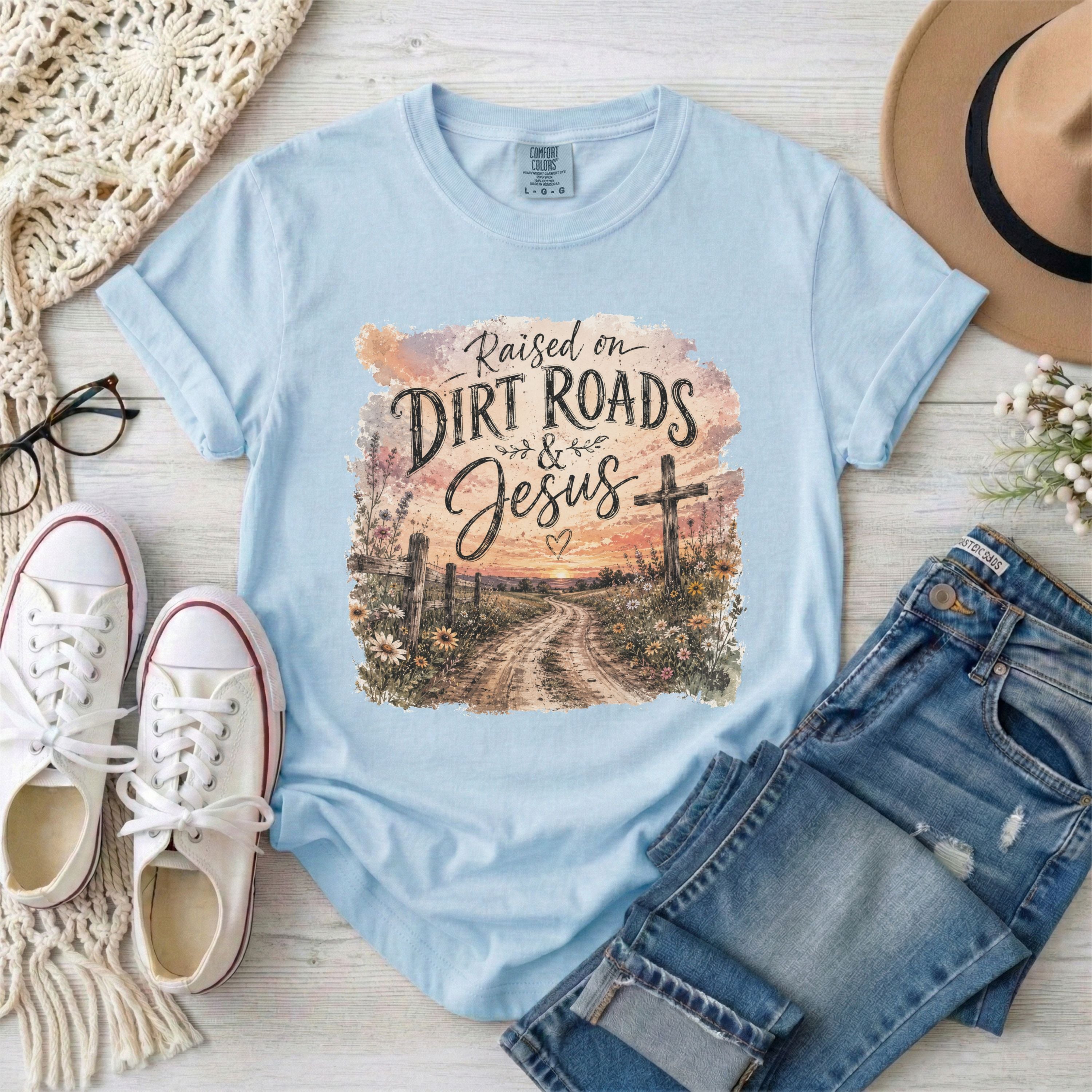 Raised on Dirt Roads and Jesus T-shirt