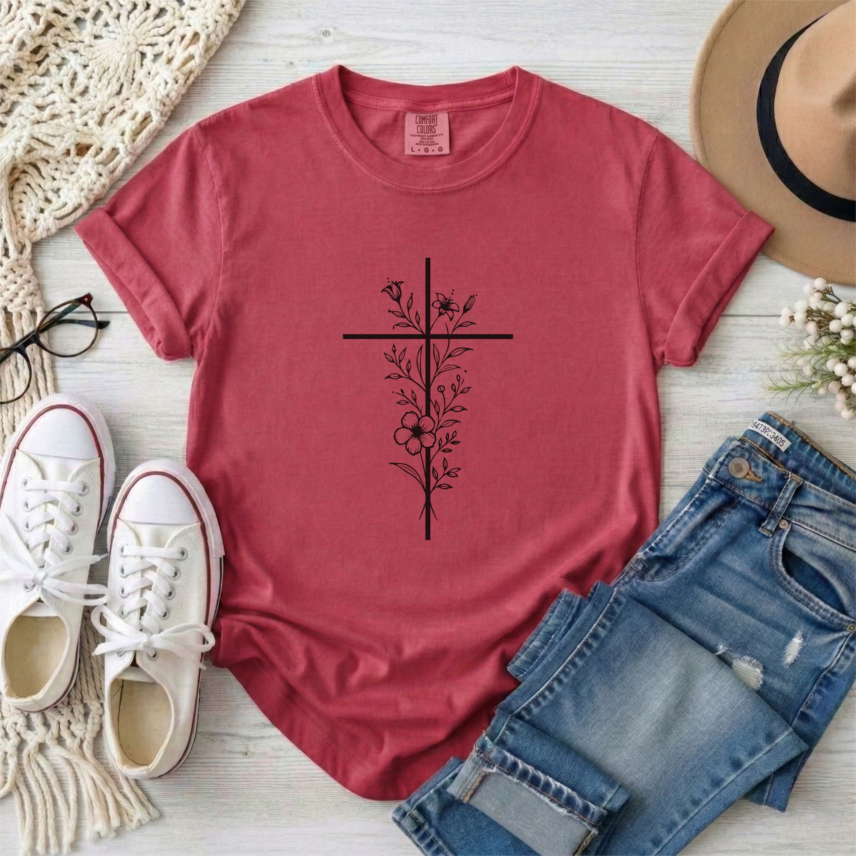 Black Floral Minimalist Cross Christian T-shirt