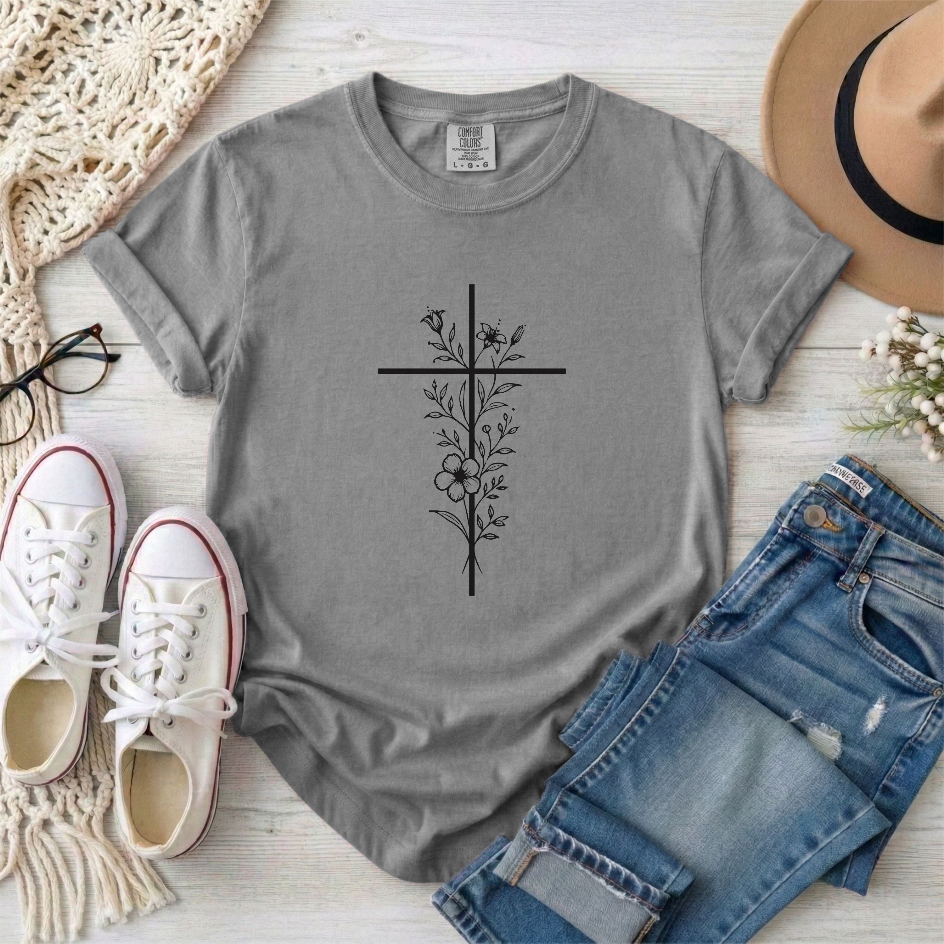 Black Floral Minimalist Cross Christian T-shirt