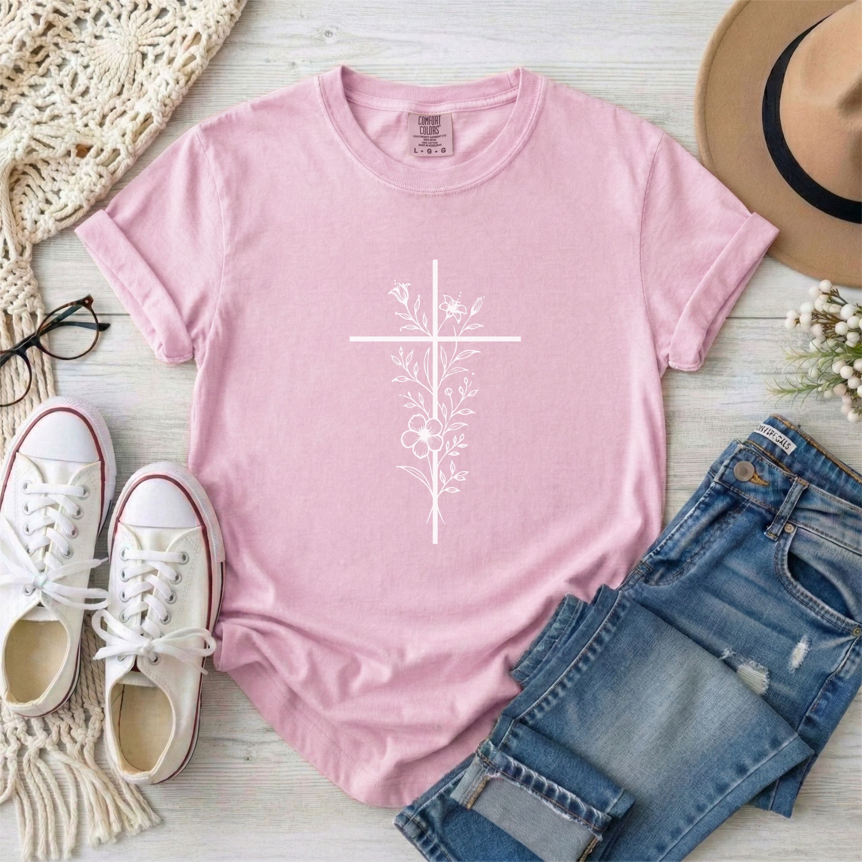 White Floral Minimalist Cross Christian T-shirt