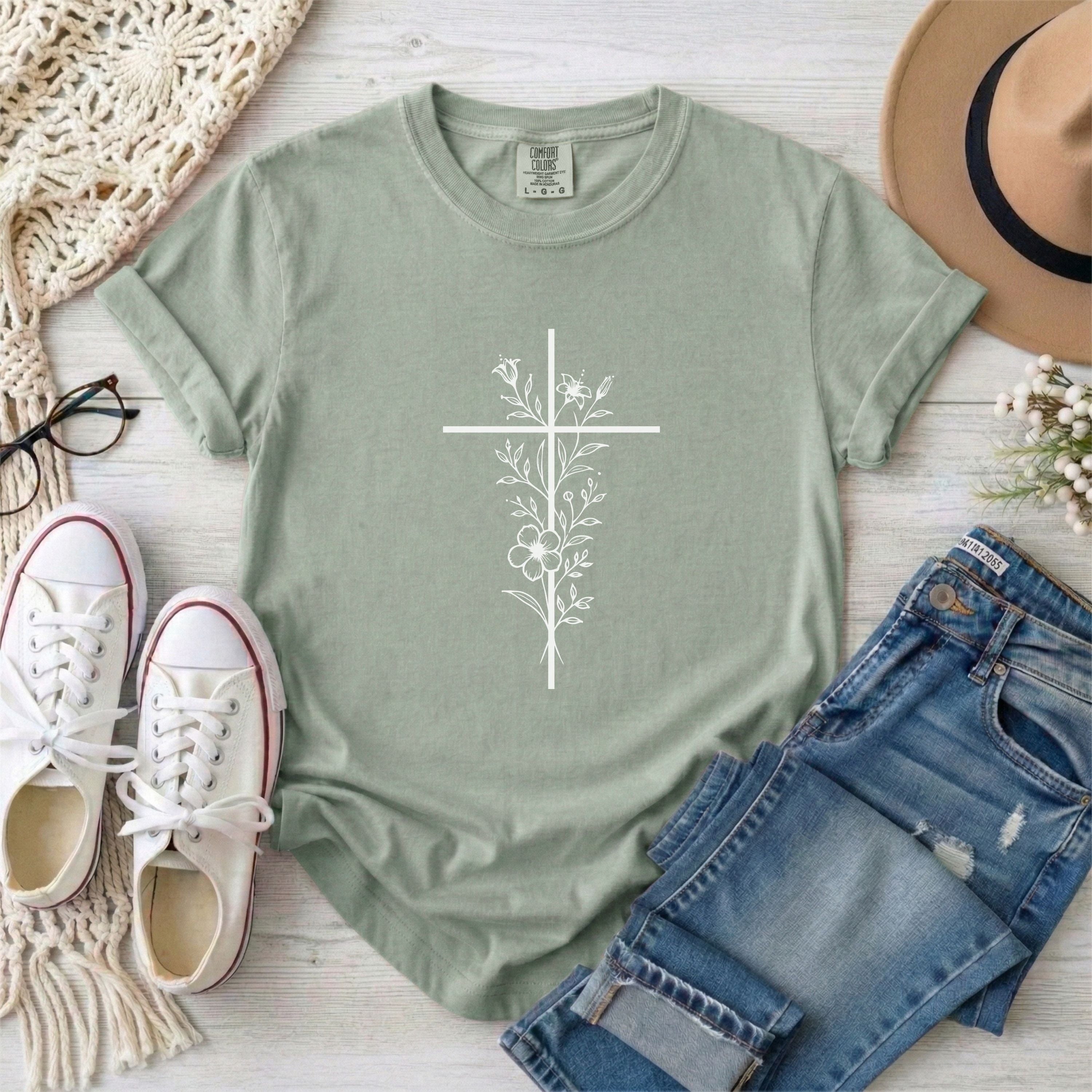 White Floral Minimalist Cross Christian T-shirt