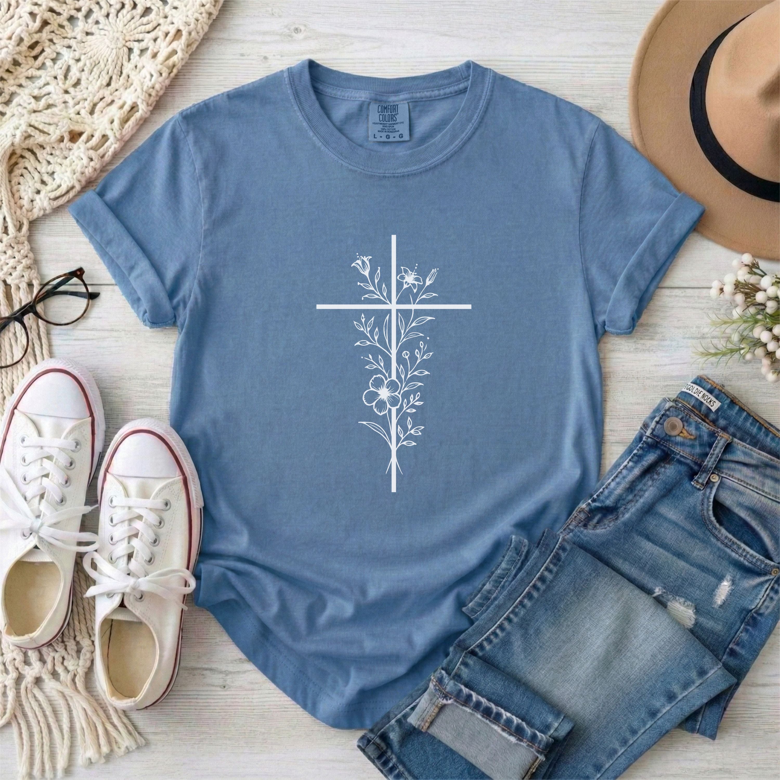White Floral Minimalist Cross Christian T-shirt