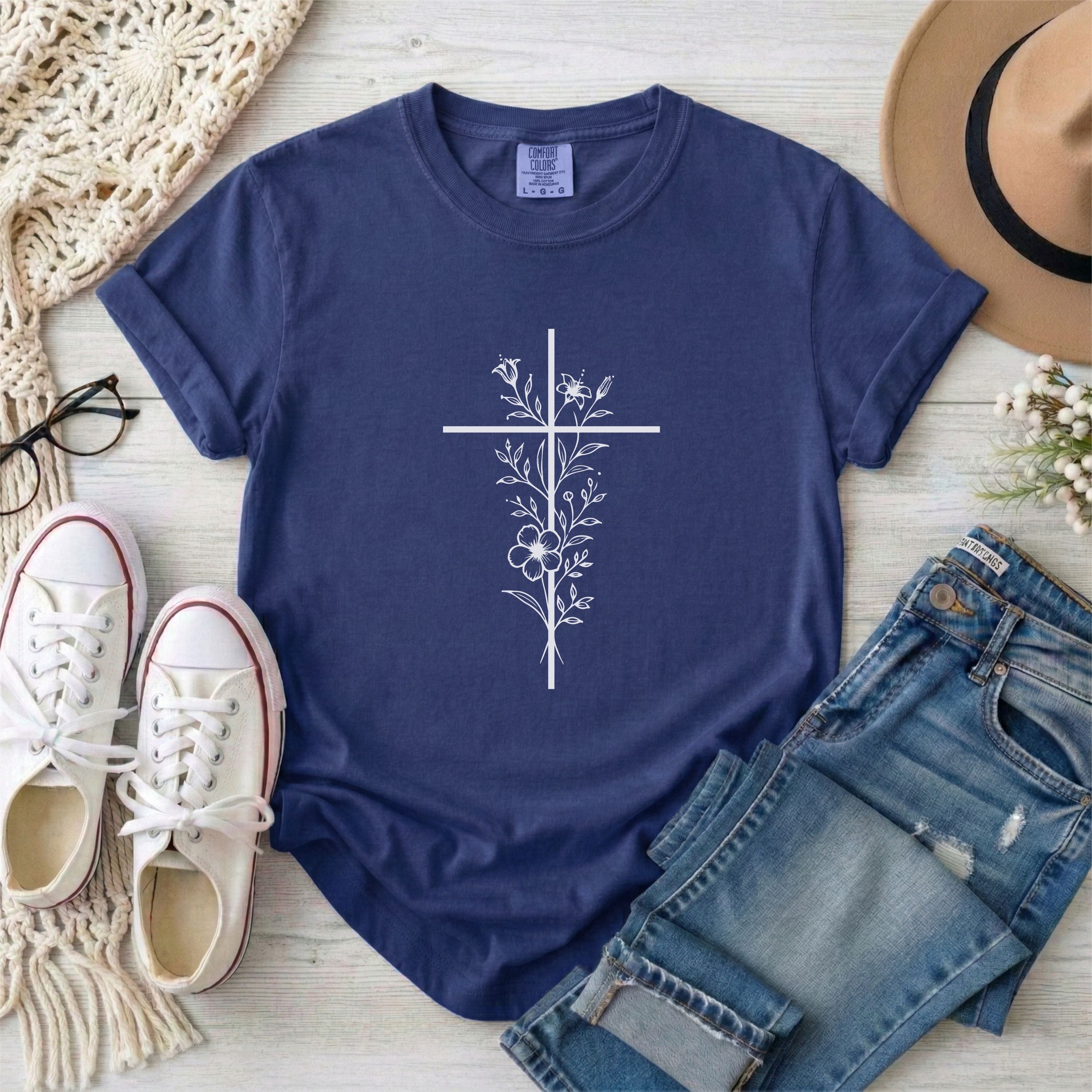 White Floral Minimalist Cross Christian T-shirt