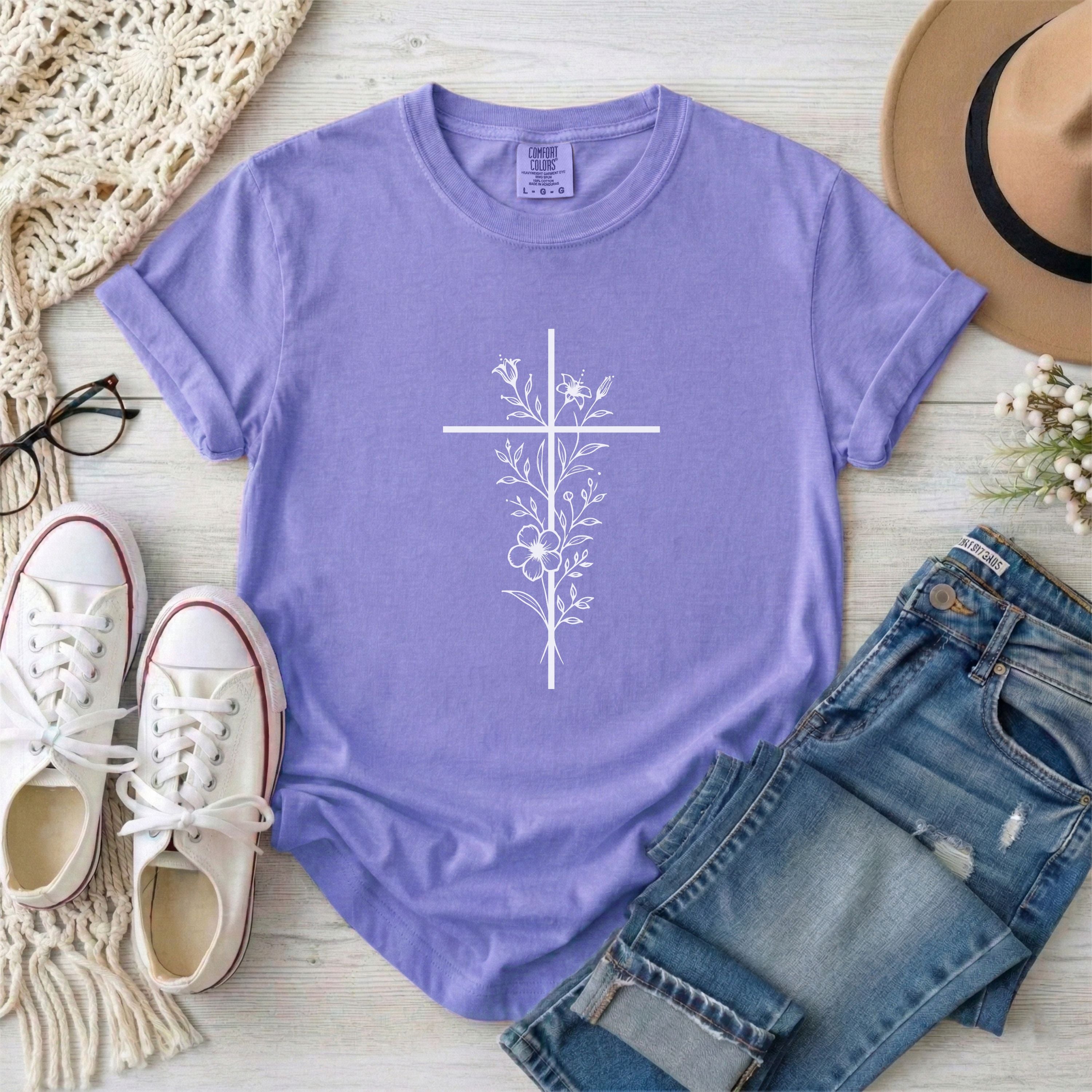 White Floral Minimalist Cross Christian T-shirt