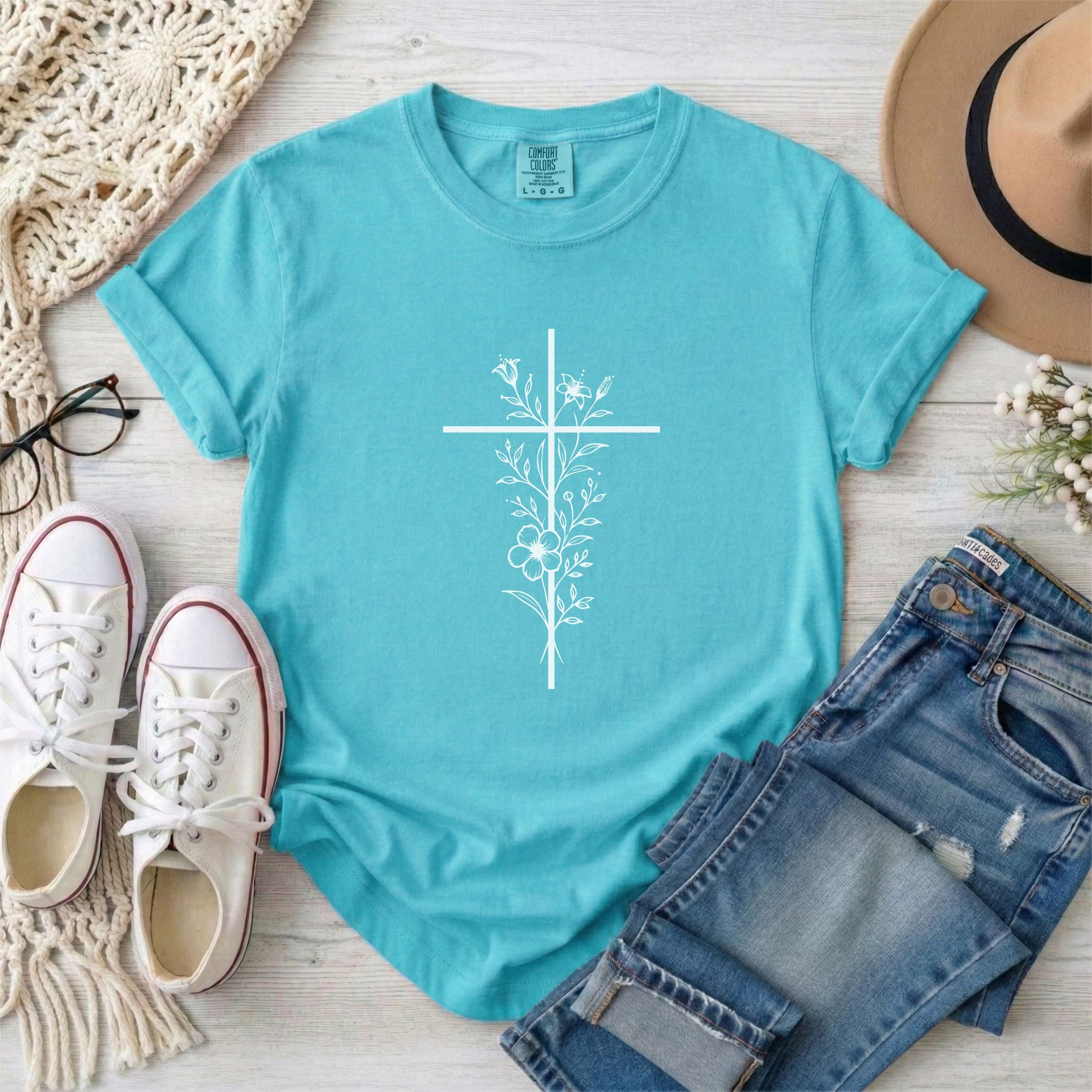 White Floral Minimalist Cross Christian T-shirt