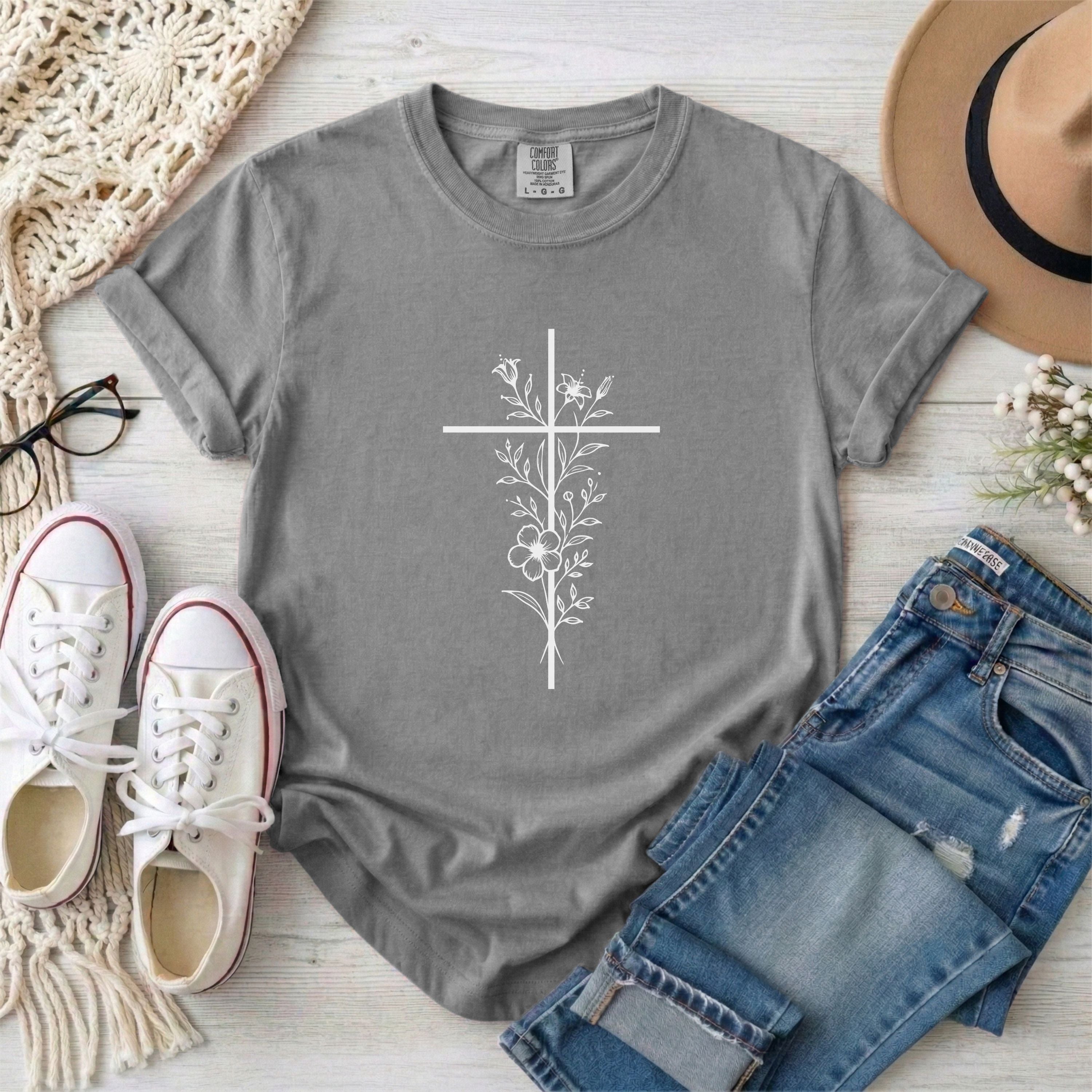 White Floral Minimalist Cross Christian T-shirt