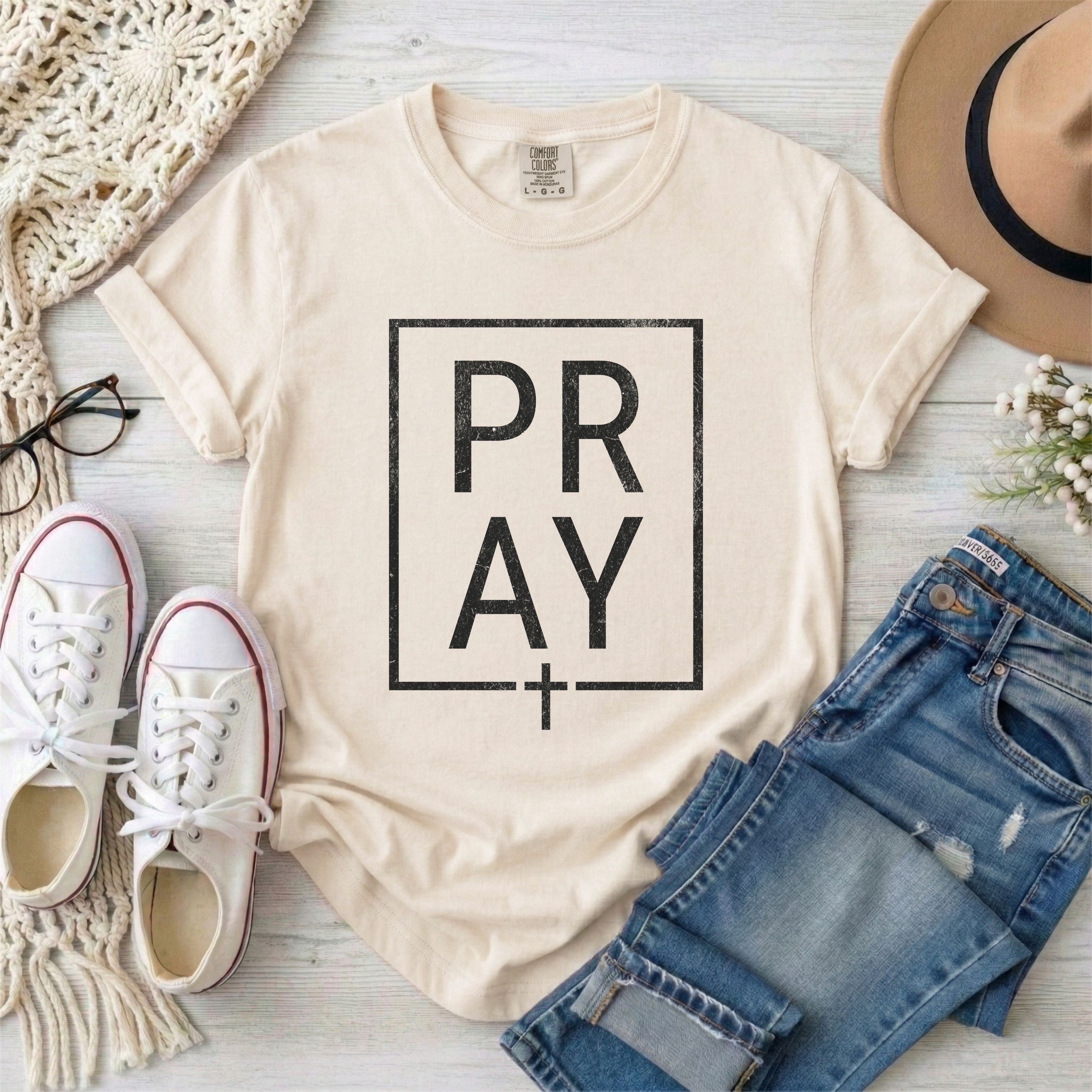 Minimalist Black Framed PRAY Christian T-shirt