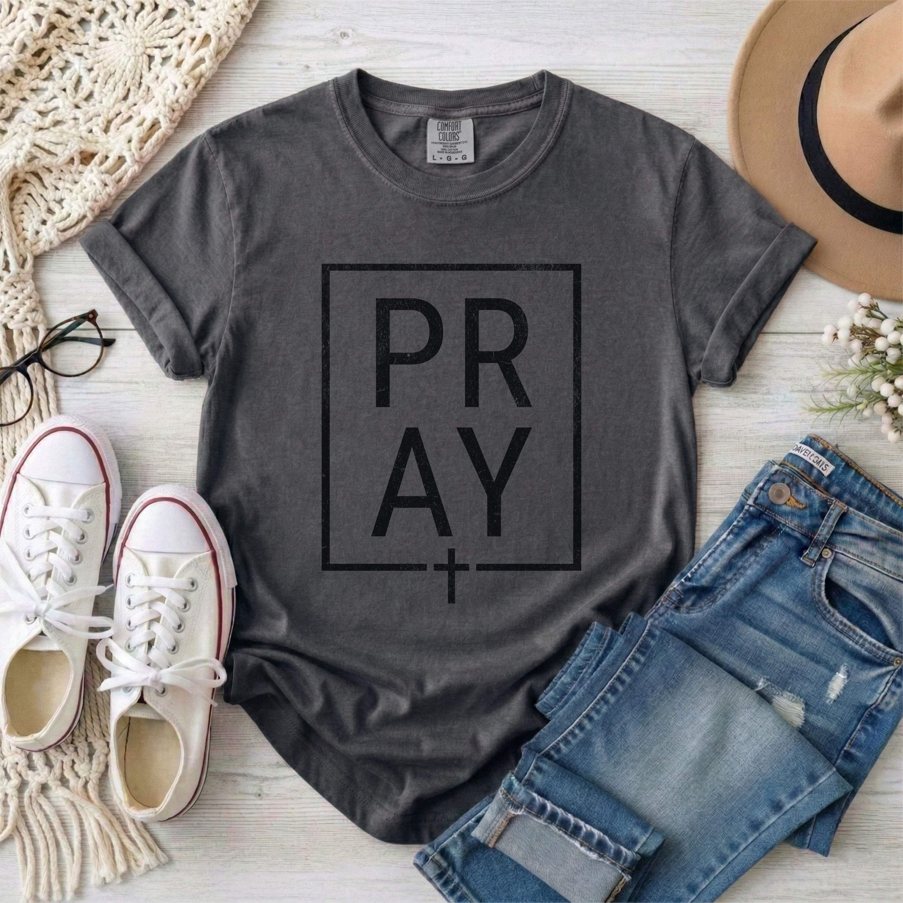 Minimalist Black Framed PRAY Christian T-shirt