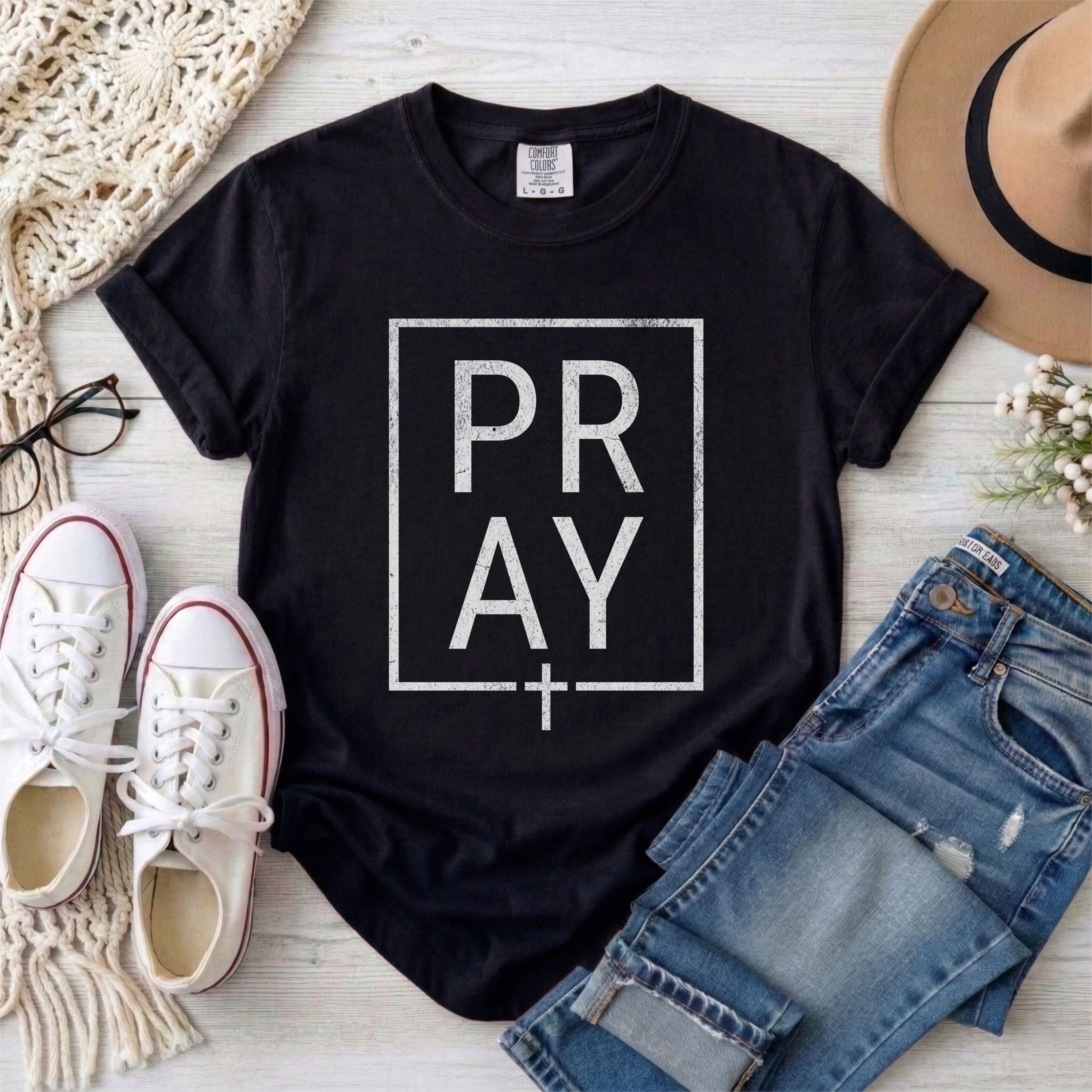 Minimalist White Framed PRAY Christian T-shirt