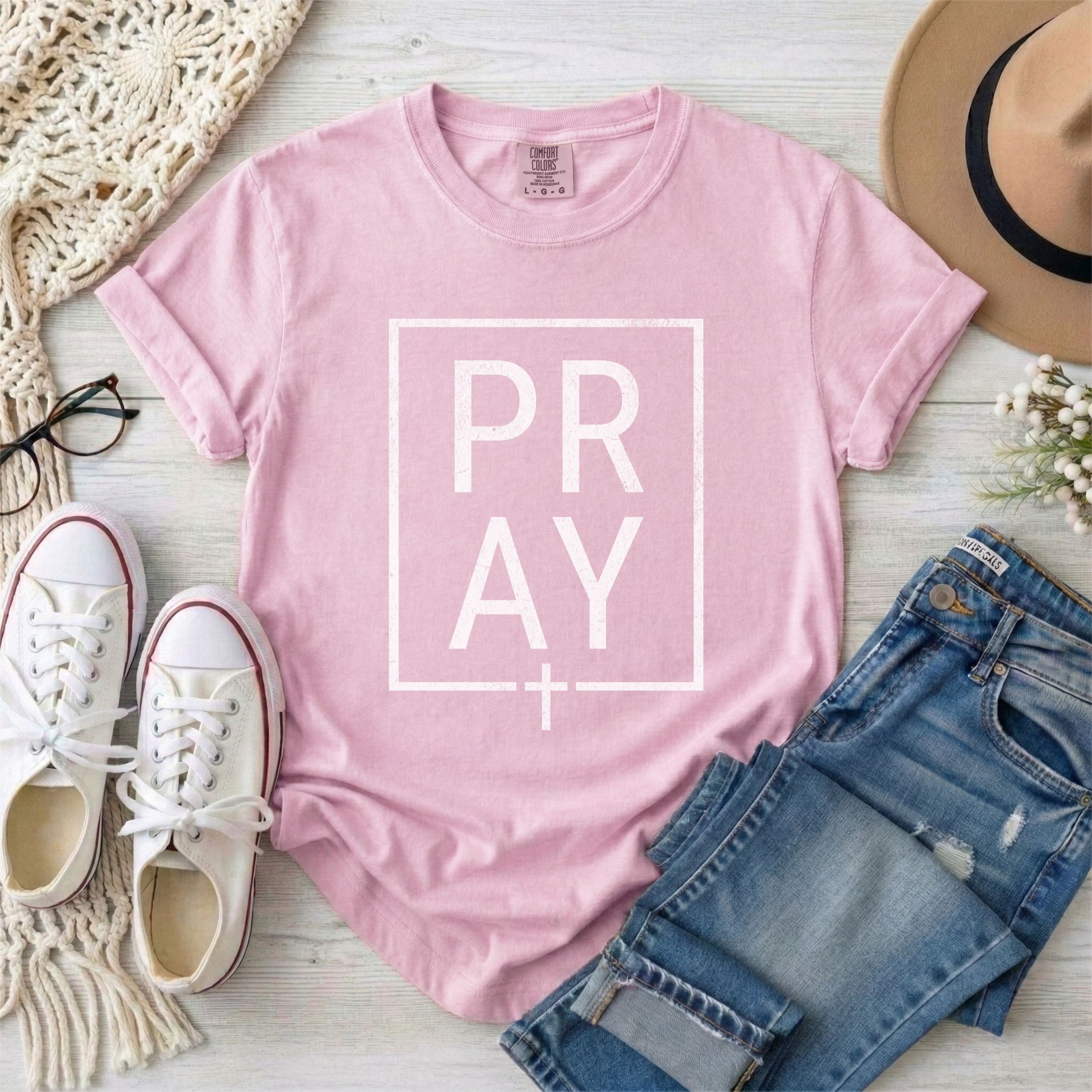Minimalist White Framed PRAY Christian T-shirt