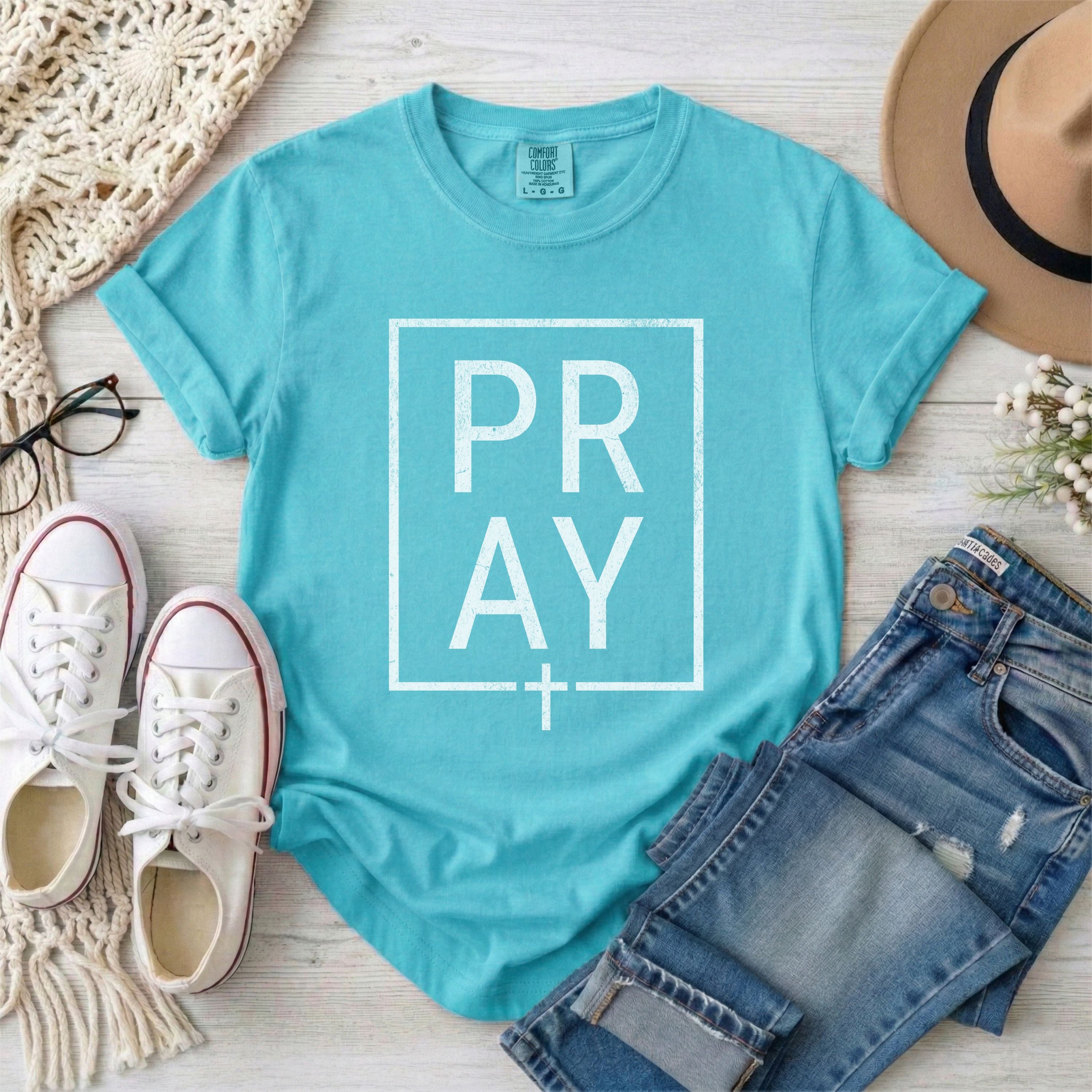Minimalist White Framed PRAY Christian T-shirt