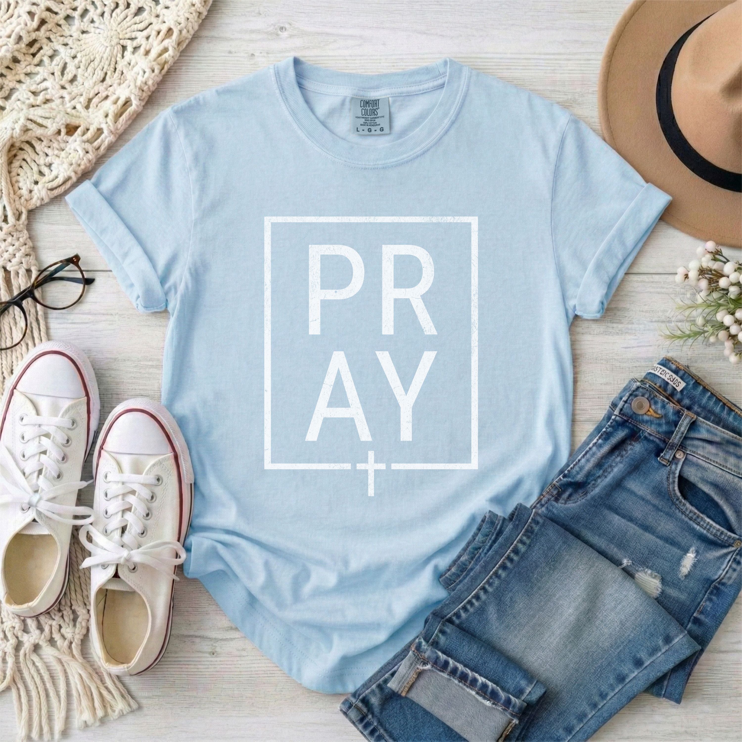 Minimalist White Framed PRAY Christian T-shirt