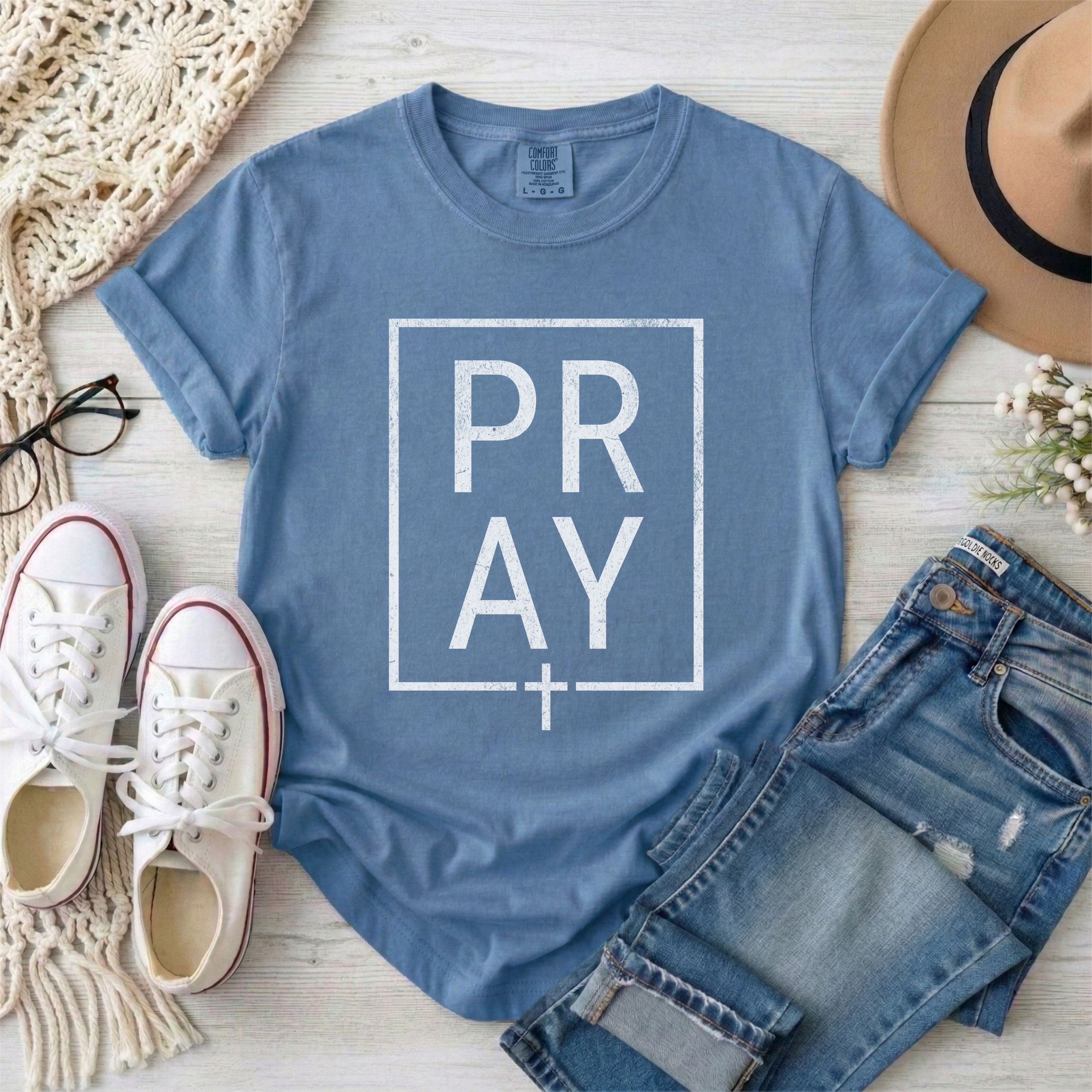 Minimalist White Framed PRAY Christian T-shirt