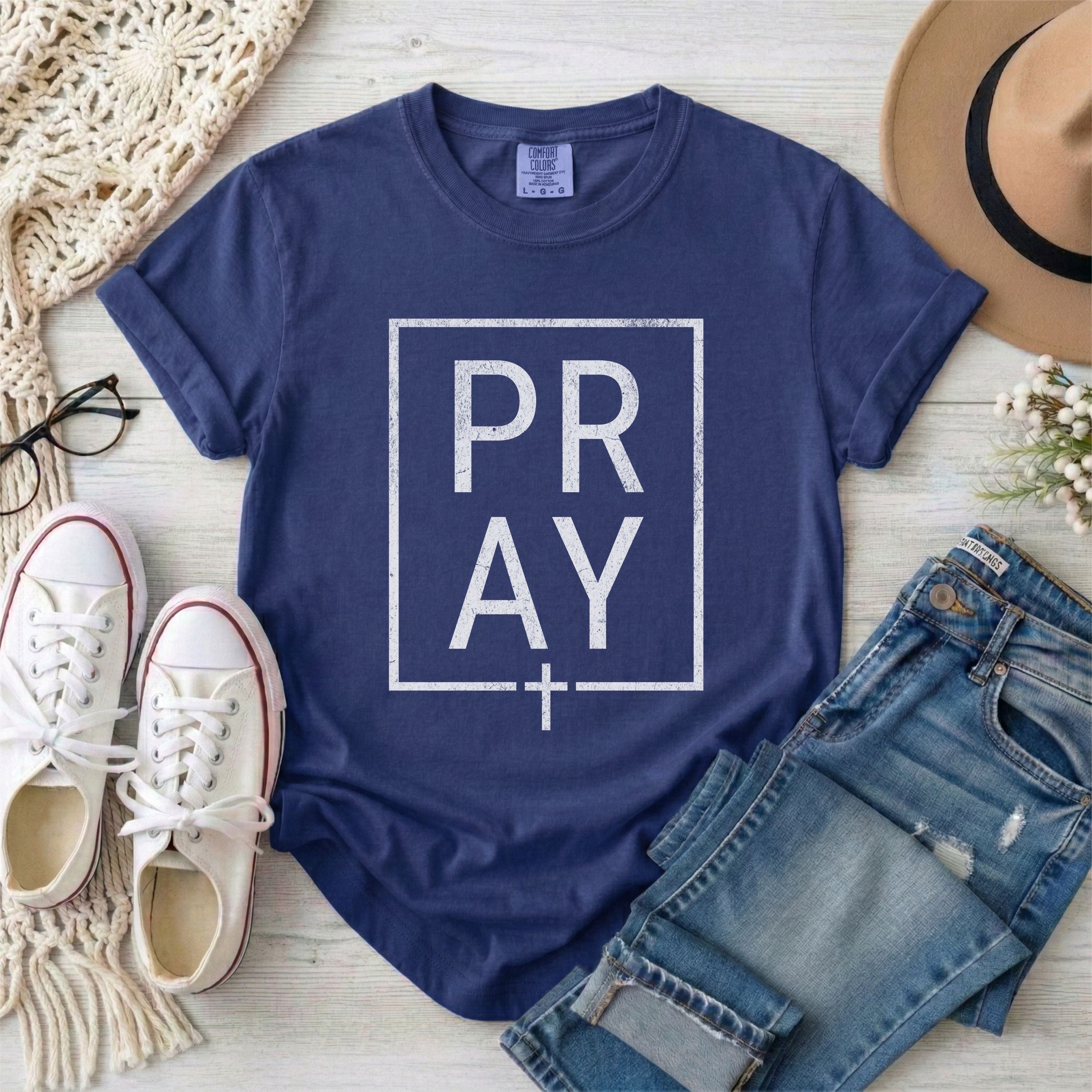 Minimalist White Framed PRAY Christian T-shirt