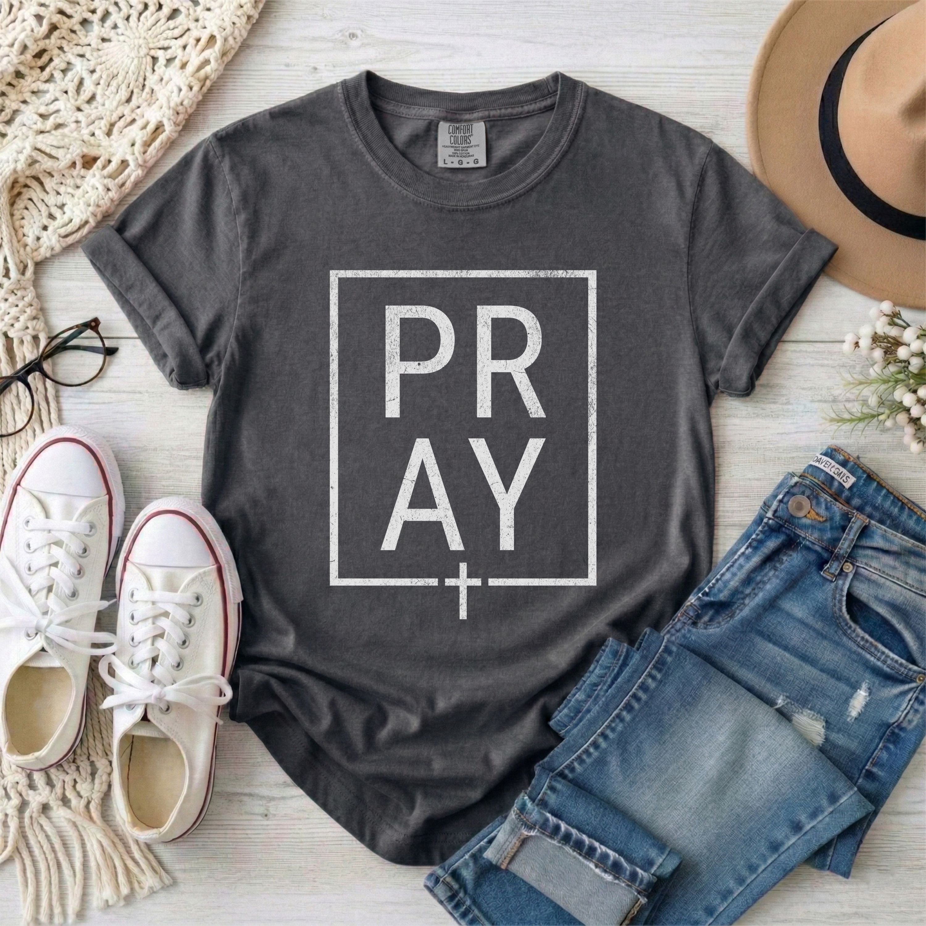 Minimalist White Framed PRAY Christian T-shirt