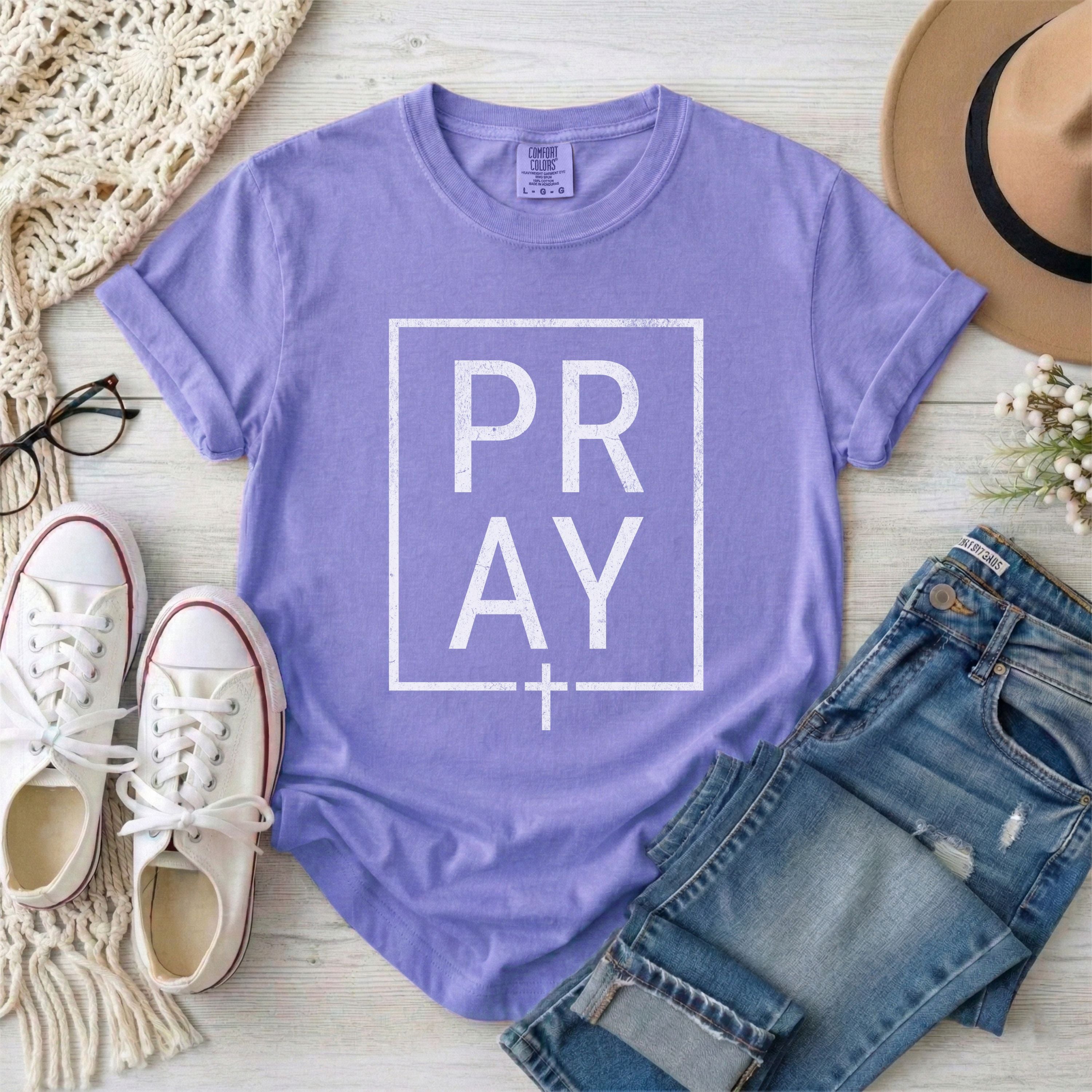Minimalist White Framed PRAY Christian T-shirt