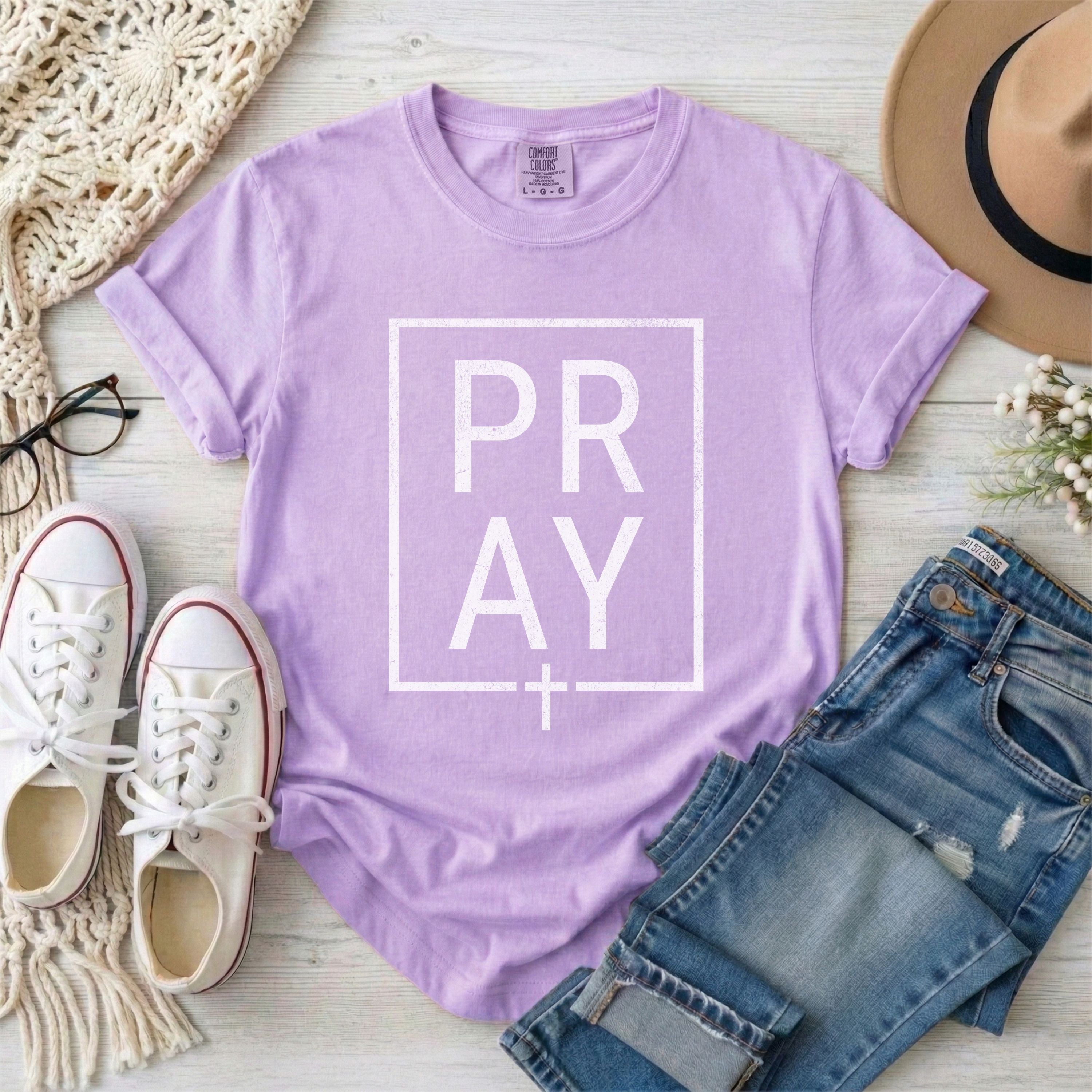 Minimalist White Framed PRAY Christian T-shirt