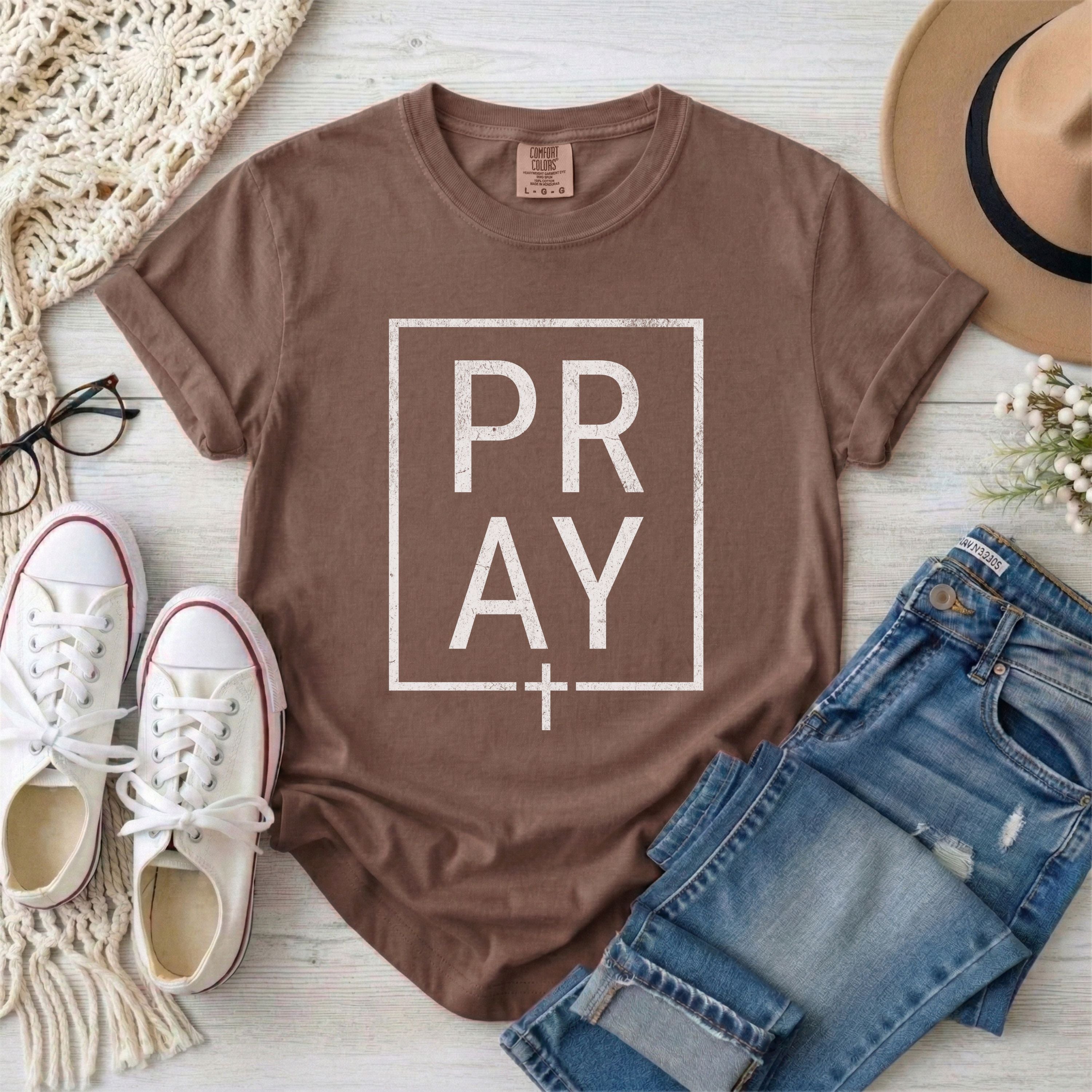Minimalist White Framed PRAY Christian T-shirt