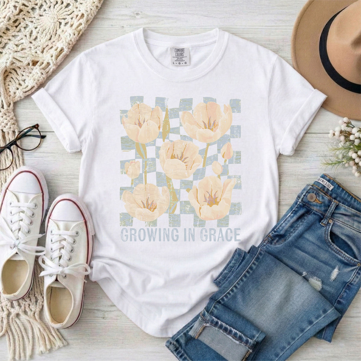 Growing in Grace Floral T-Shirt, Blue Checkerboard Background