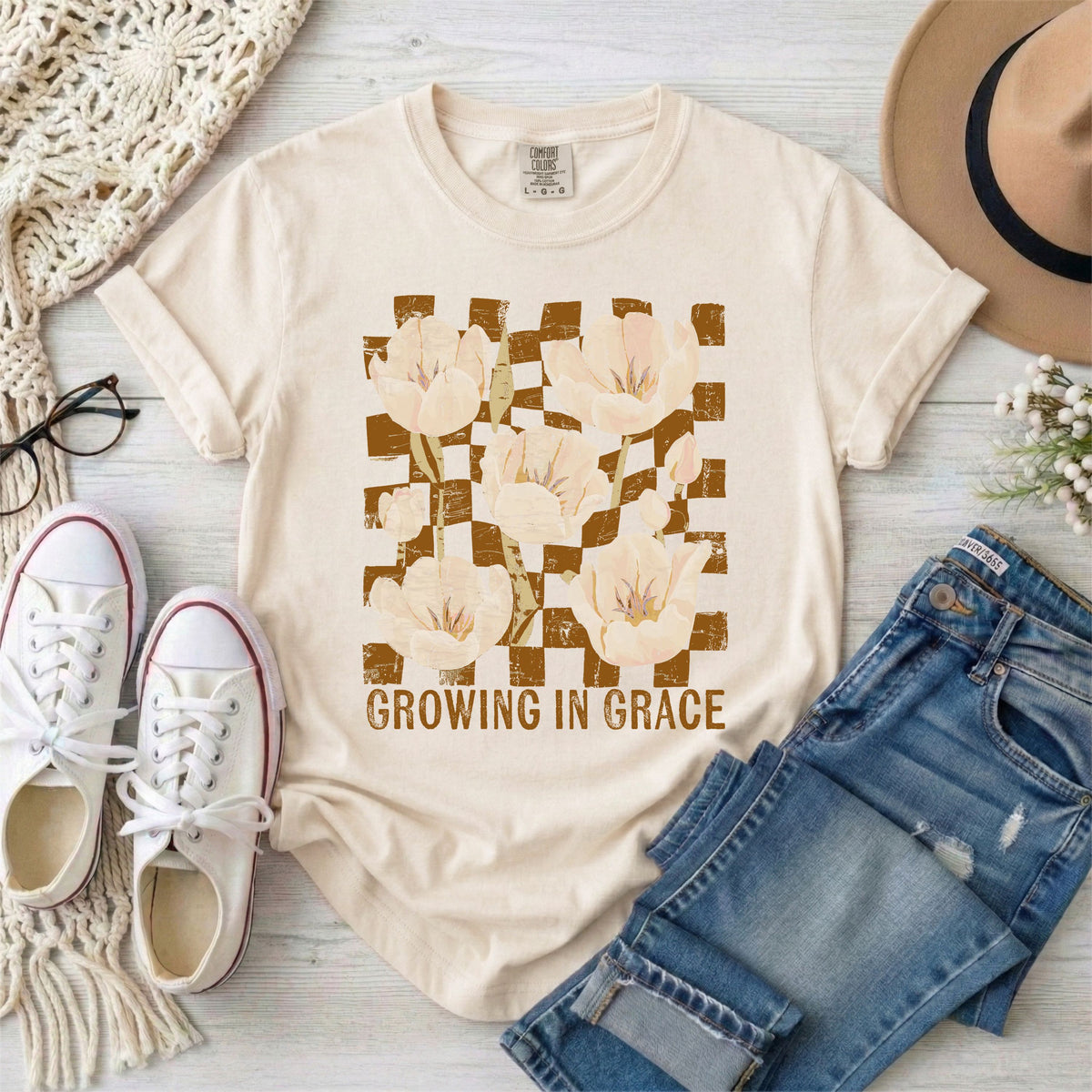Growing in Grace Floral T-Shirt, Brown Checkerboard Background